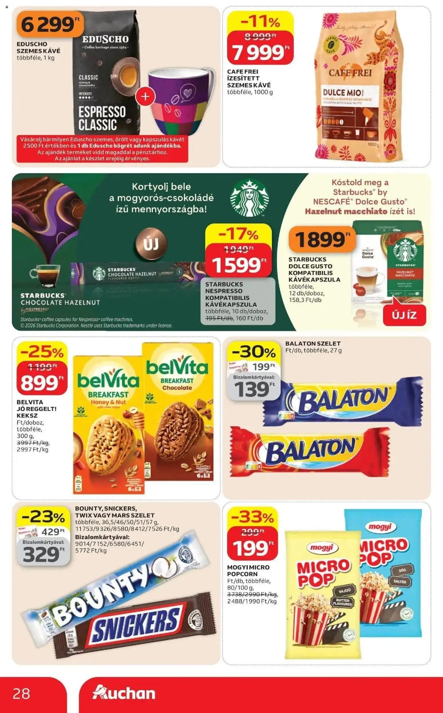 Auchan akciós ujság - amely érvényes a következő dátumtól: 16.04.2026 | Oldal: 28 | Termékek: Dolce Gusto, Nescafé, Kávékapszula, Snickers