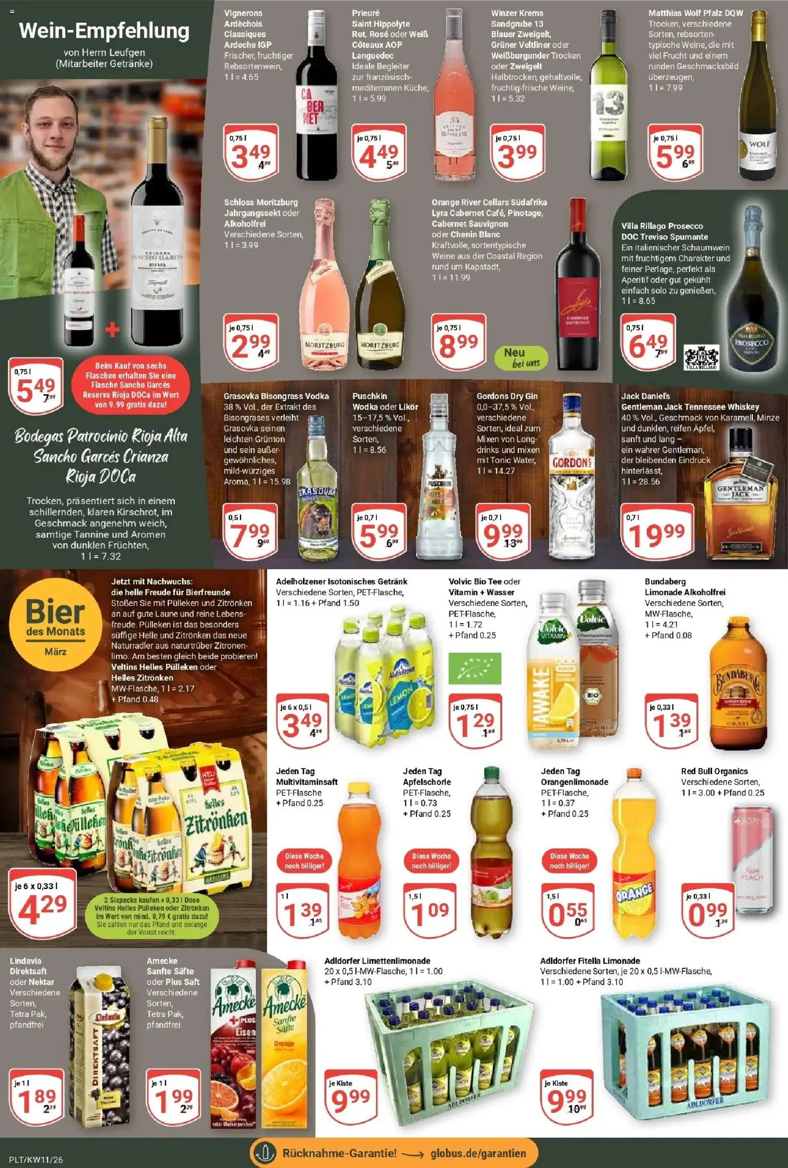 Globus prospekt Plattling	 – gültig ab 09.03.2026 | Seite: 15 | Produkte: Adelholzener, Saft, Volvic, Wodka