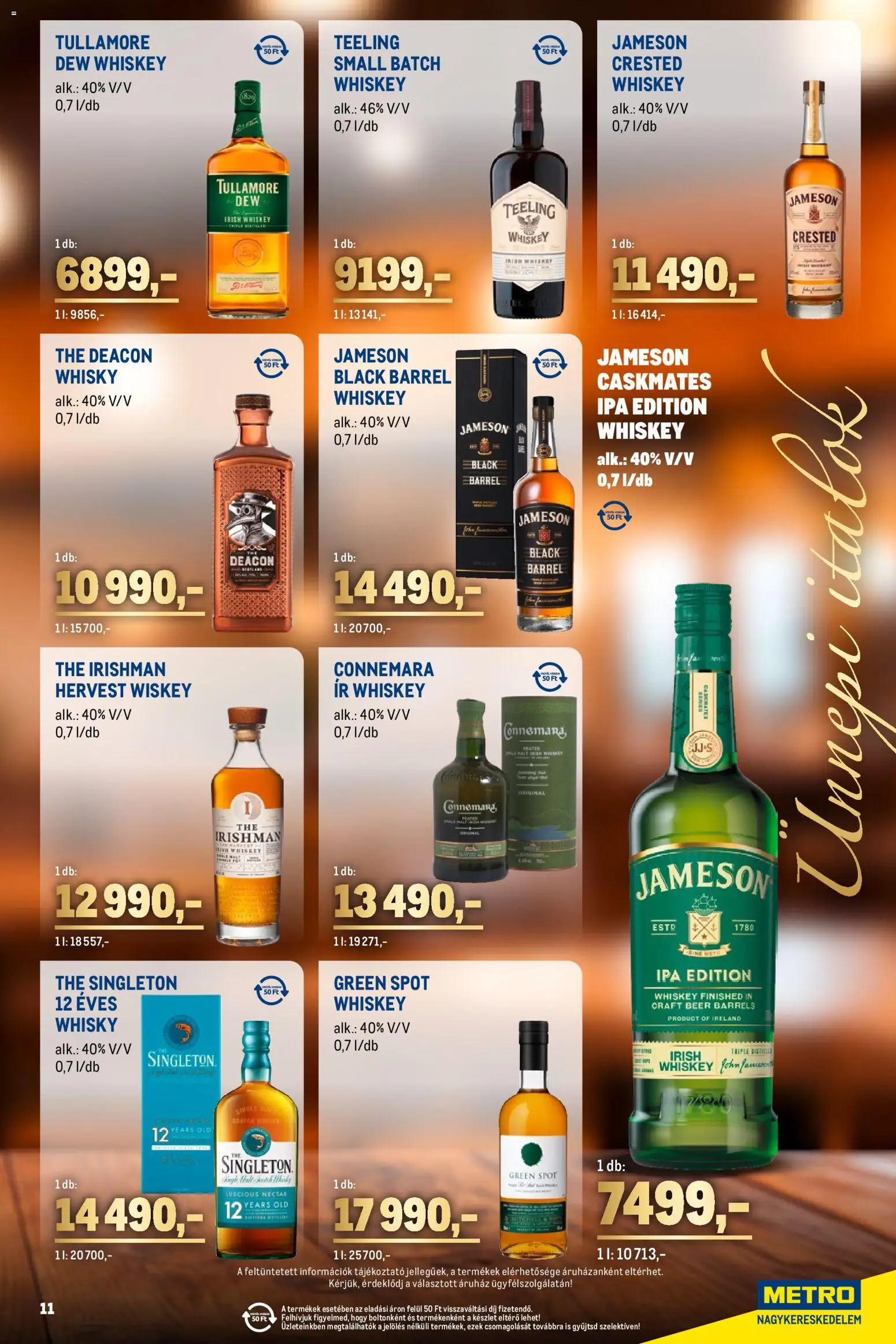 Metro akciós ujság - amely érvényes a következő dátumtól: 01.12.2025 | Oldal: 11 | Termékek: Whiskey, Jameson, Whisky, Só