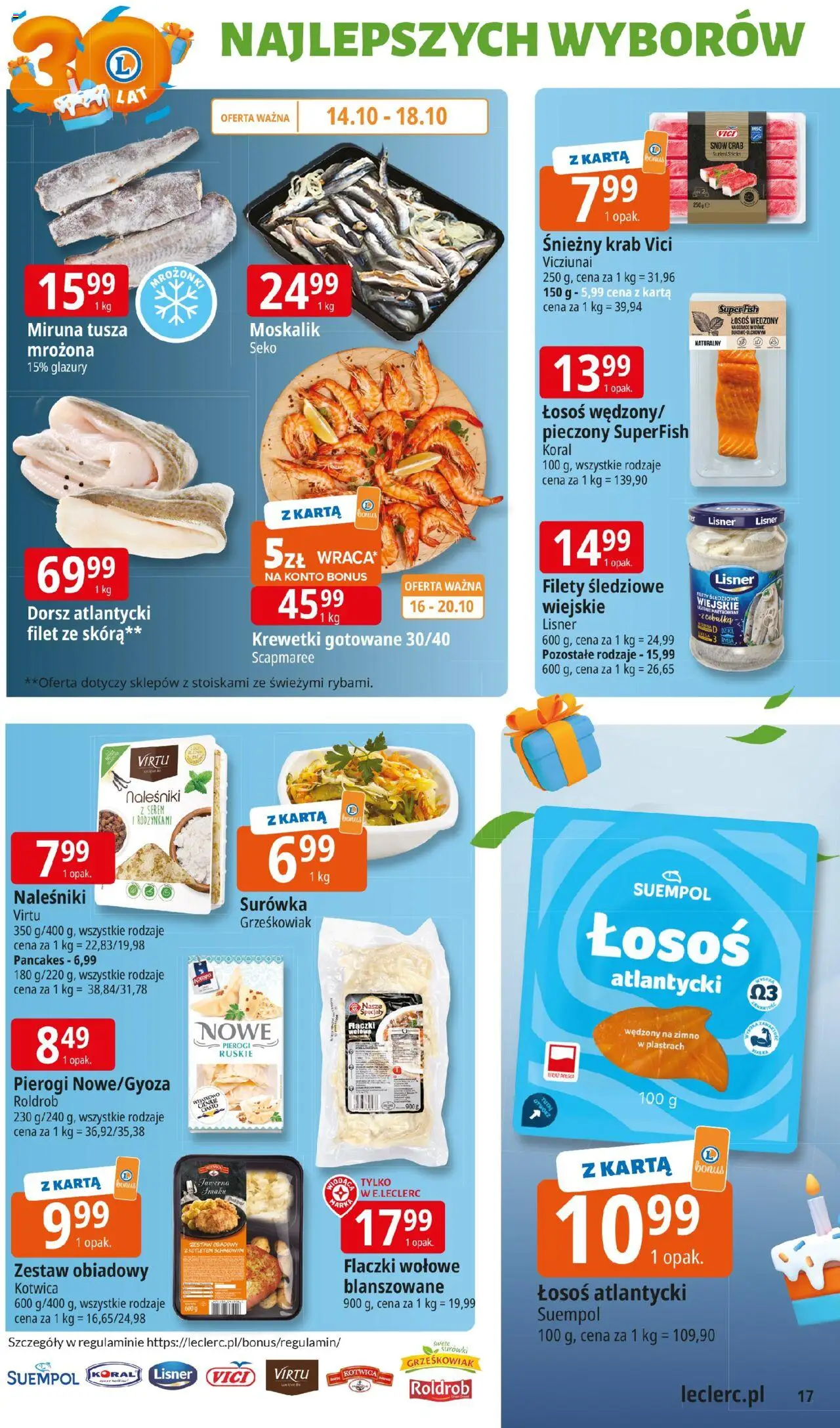 E.Leclerc Gazetka - Tychy od 14.10.2025 | Strona: 17 | Produkty: Łosoś wędzony, Krewetki, Dorsz, Naleśniki