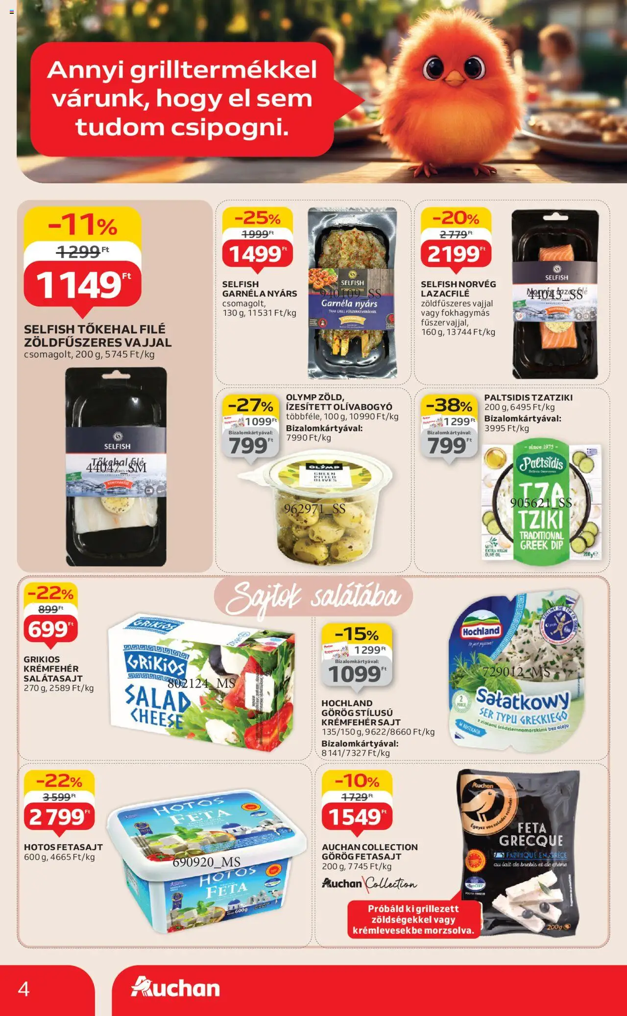 Auchan akciós ujság - amely érvényes a következő dátumtól: 07.08.2025 | Oldal: 4 | Termékek: Lazacfilé, Garnéla, Sajt, Olívabogyó