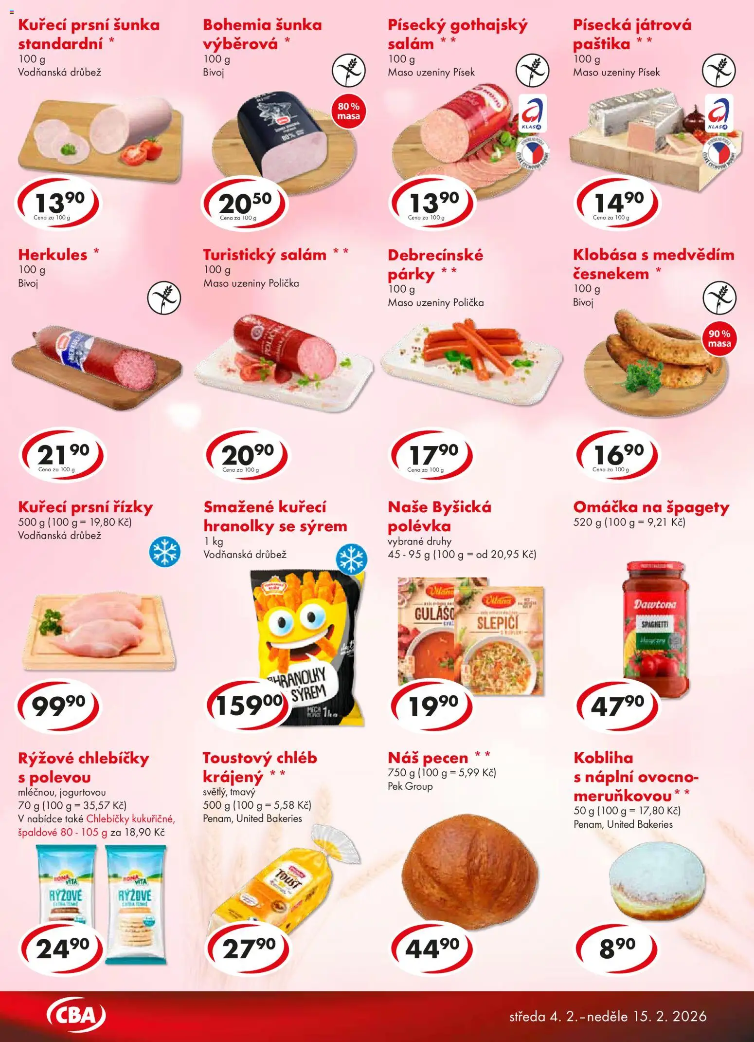 CBA leták od 04.02.2026 | Strana: 3 | Produkty: Chléb, Špagety, Omáčka na špagety, Maso