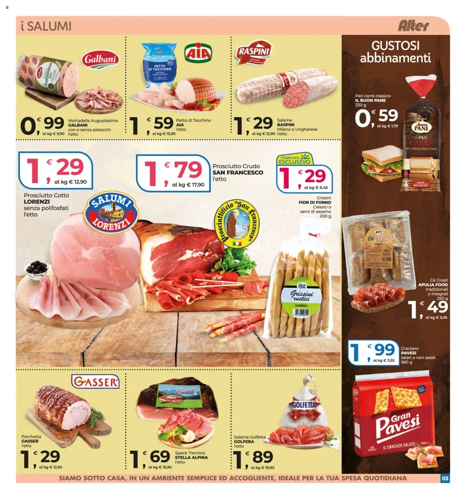 Volantino Alter Discount del 09.01.2026 | Pagina: 3 | Prodotti: Porchetta, Salame, Tacchino, Farina