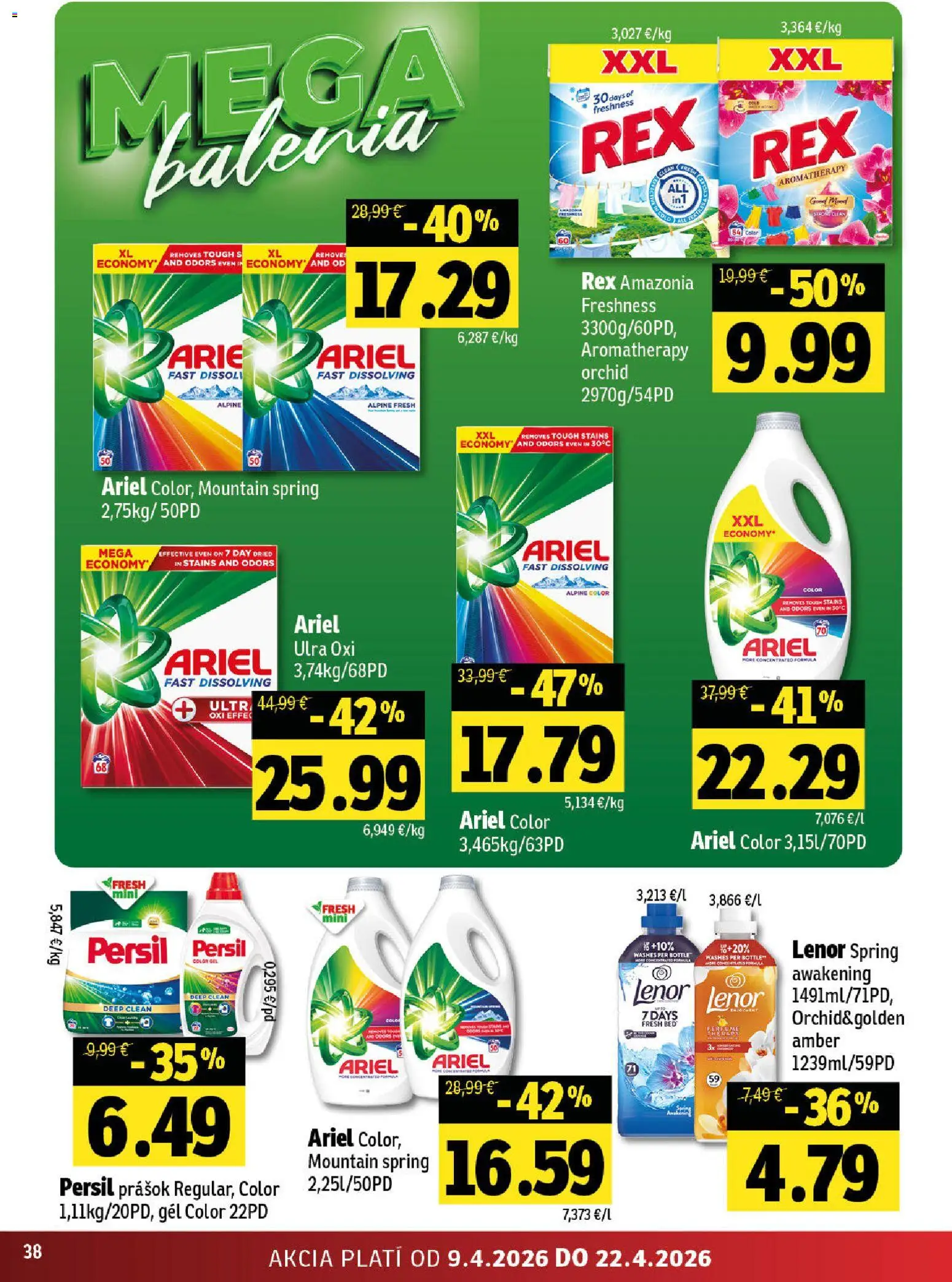 Nové Fresh akcie – leták je platný od 09.04.2026 | Strana: 38 | Produkty: Persil, Ariel, Lenor