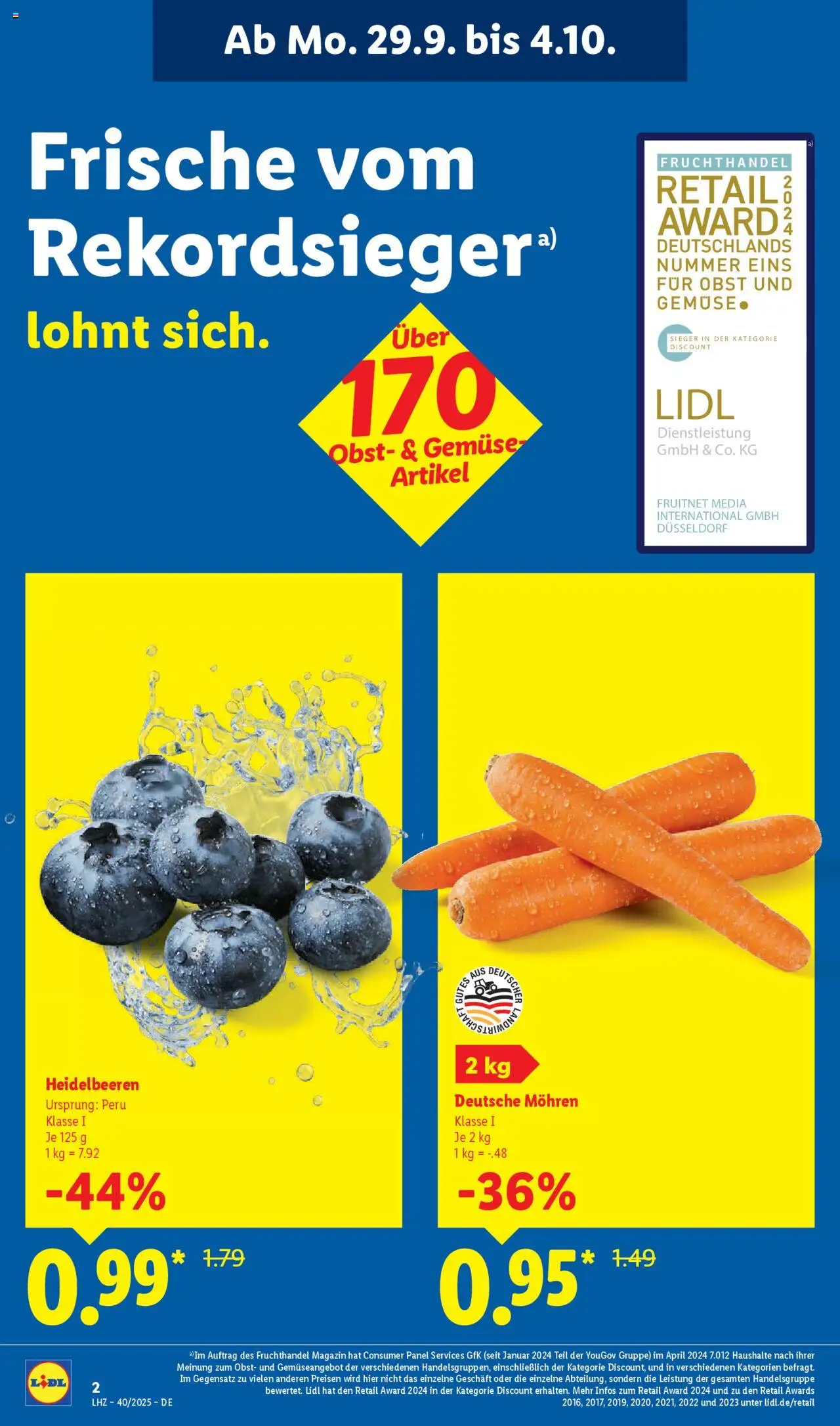 Lidl Prospekt Lüchow – gültig ab 29.09.2025 | Seite: 2 | Produkte: Mohren, Heidelbeeren, Gemüse, Obst