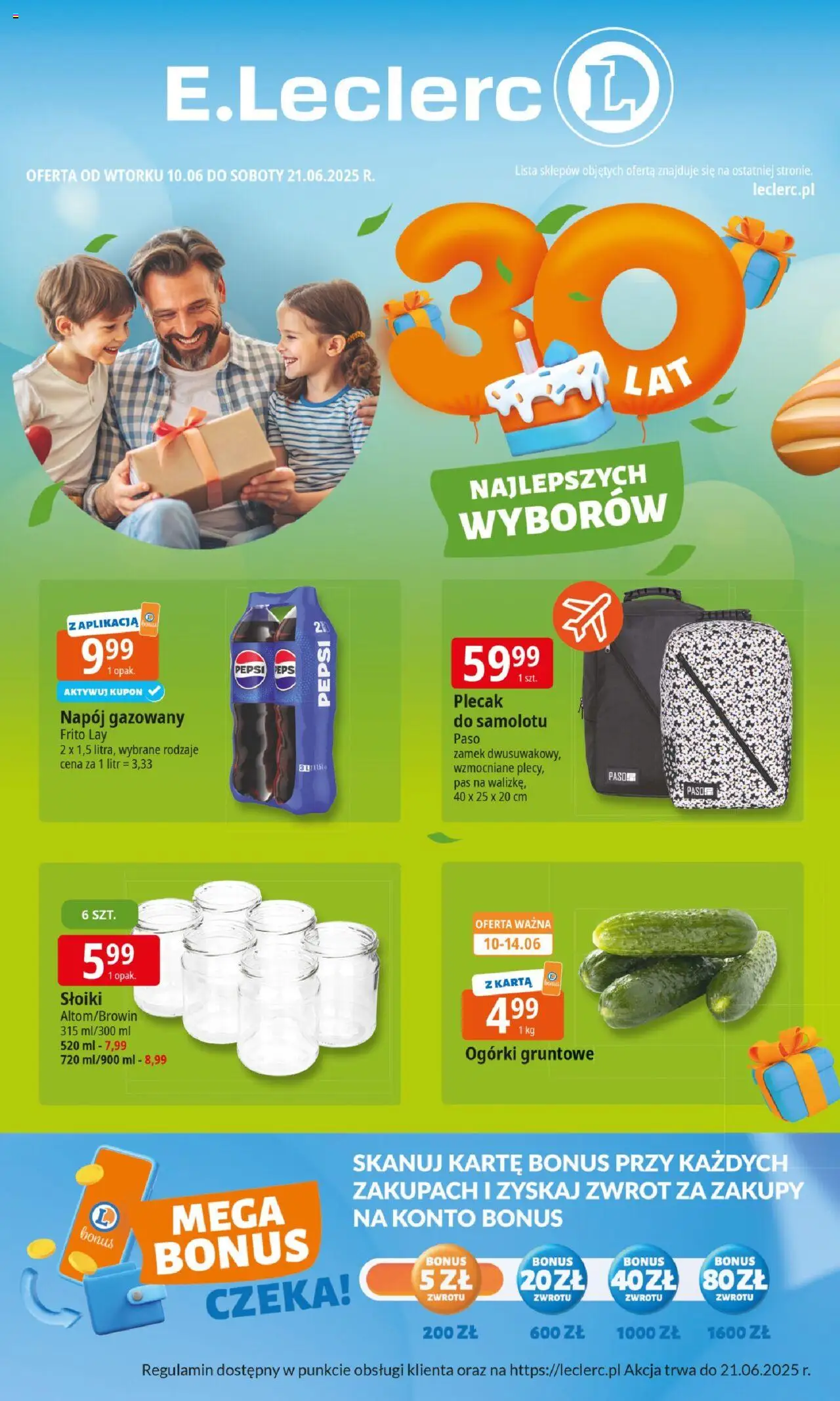 E.Leclerc Gazetka 30 lat od 10.06.2025 | Strona: 1 | Produkty: Karta, Plecak, Pepsi, Ogórki gruntowe