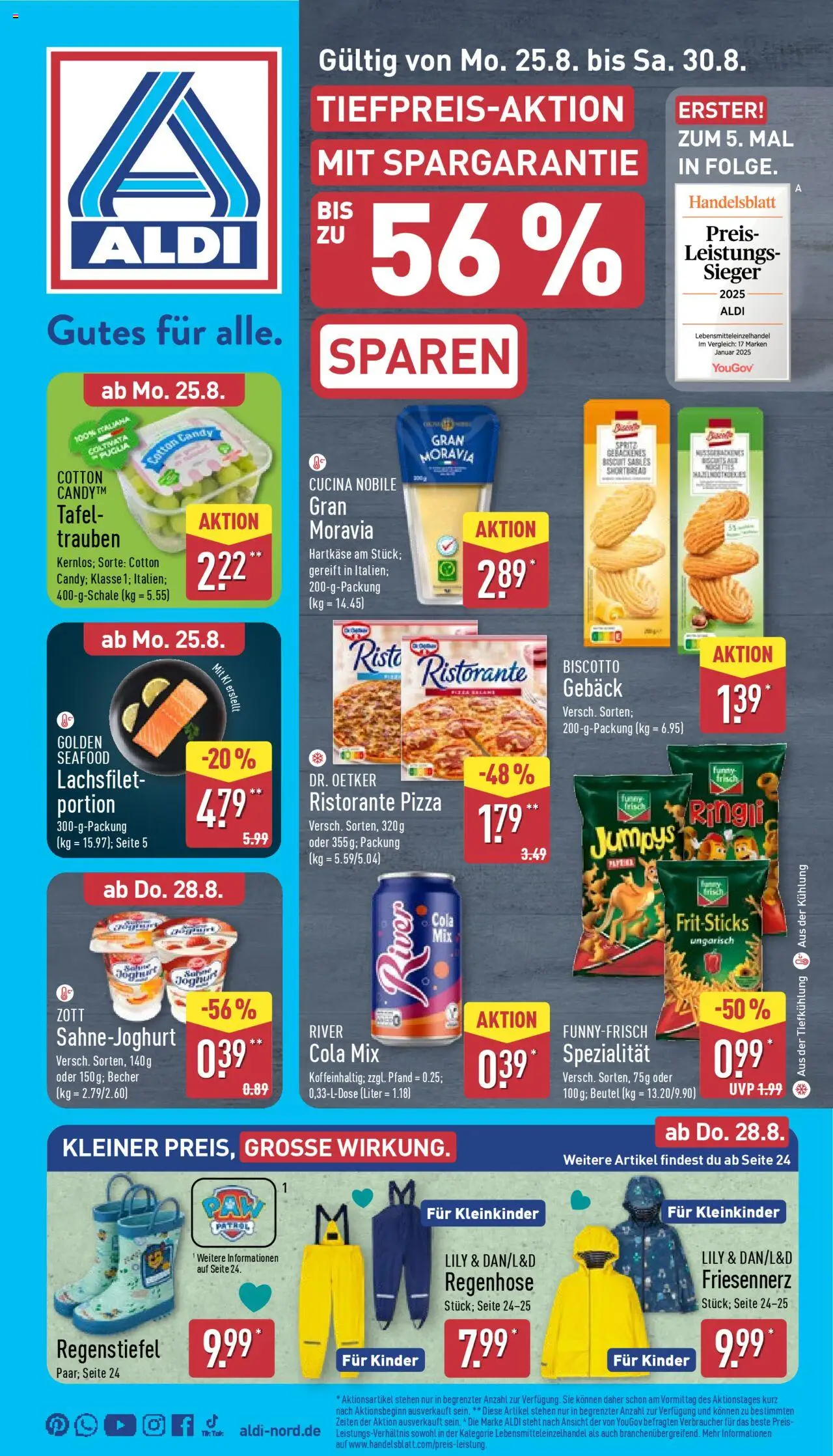 Aldi Prospekt 	 - gültig ab dem 25.08.2025 | Seite: 1 | Produkte: Ristorante, Cola, Trauben, Funny frisch