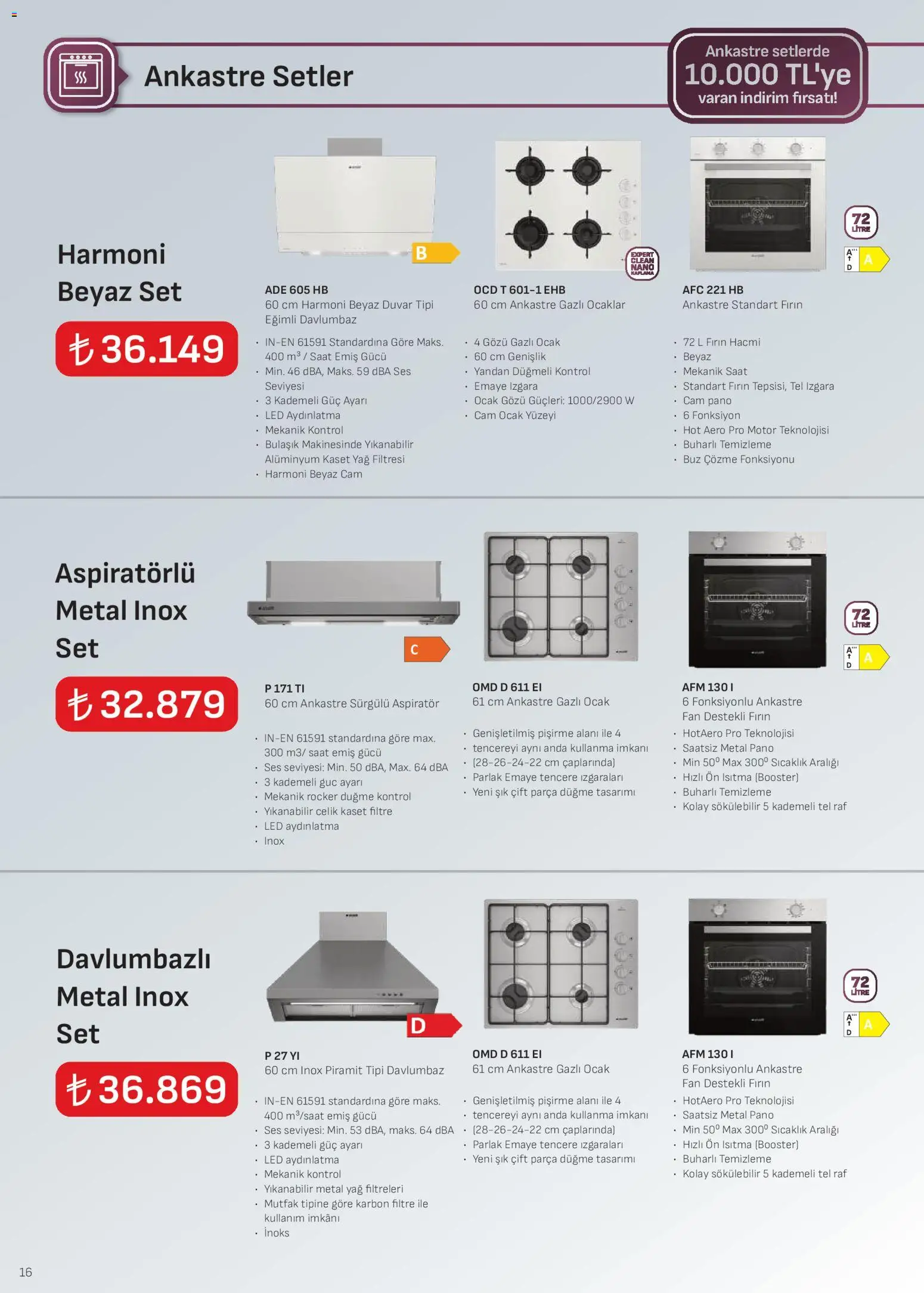 Arçelik Ankastre Kataloğu - 01.11.2025 tarihinden itibaren geçerlidir | Sayfa: 16 | Ürünler: Davlumbaz, Saat, Ocak, Izgara