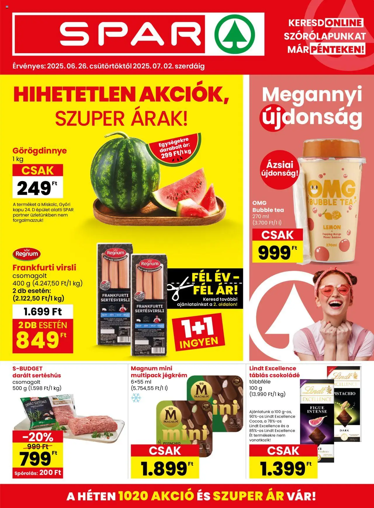 Spar akciós ujság - amely érvényes a következő dátumtól: 26.06.2025 | Oldal: 1 | Termékek: Görögdinnye, Magnum, Csokoládé, Mangó