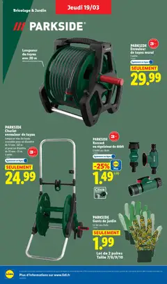 LIDL - Prévisualisation de PARKSIDE Chariot enrouleur de tuyau, Longueur max du tuyau recevable pour un diamètre de 13 mm : 60 m et pour un diamètre de 19 mm : 35 m. L'unité. valide à partir de 19.03.2026 | Page: 30