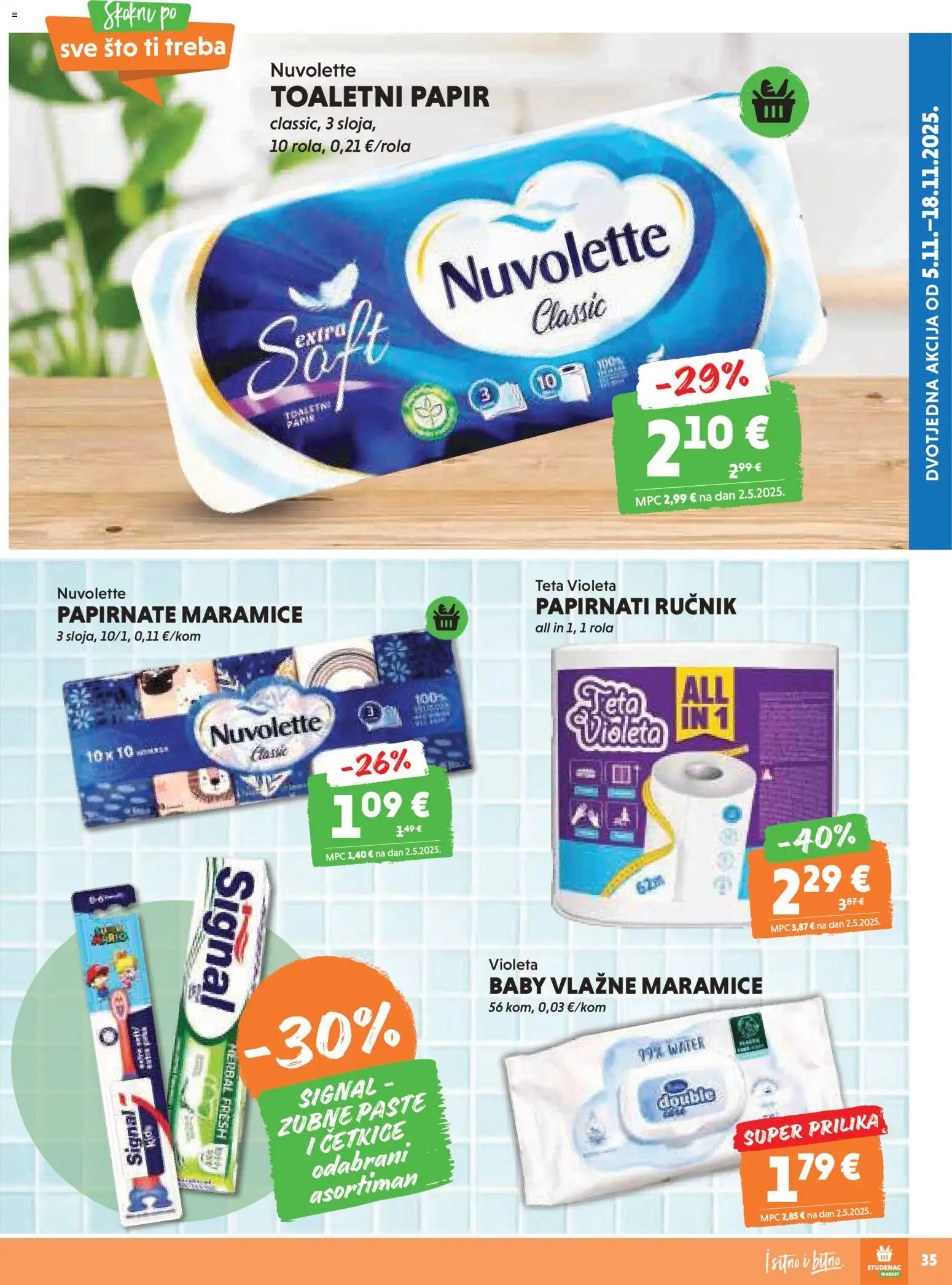 Studenac katalog | vrijedi od 05.11.2025 | Stranica: 35 | Proizvodi: Vlažne maramice, Ručnik, Toaletni papir, Violeta