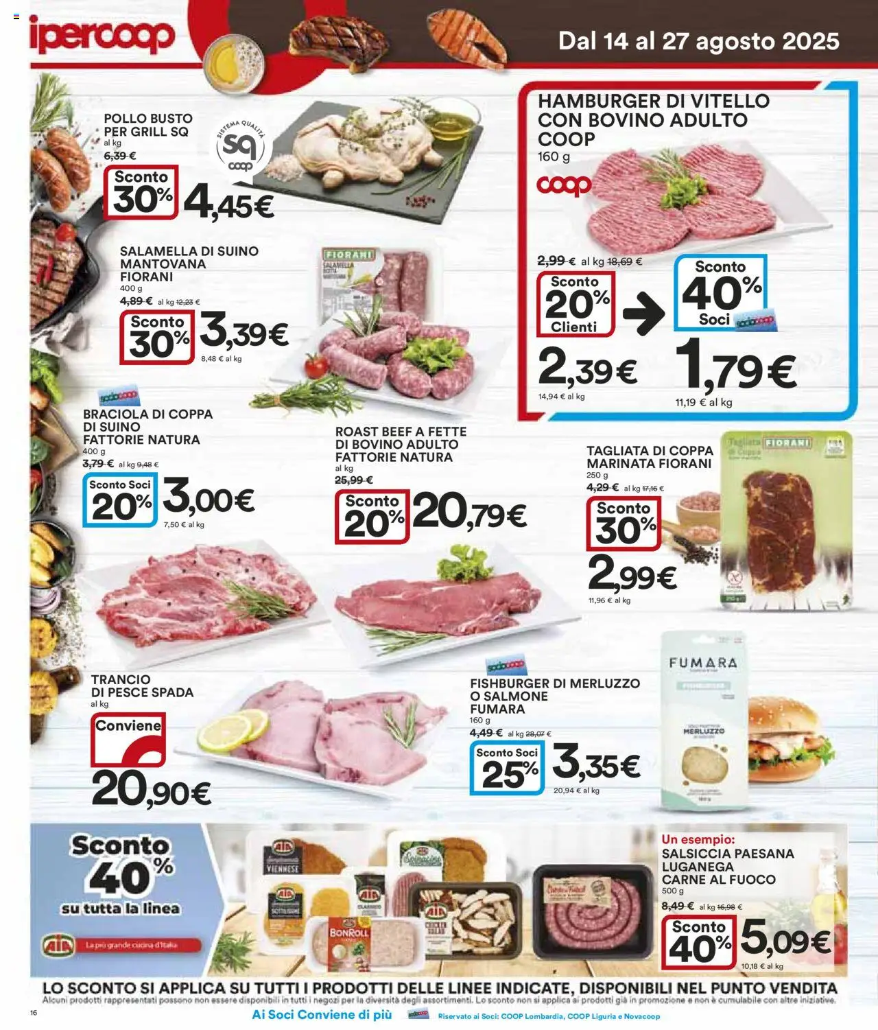 Volantino Ipercoop del 14.08.2025 | Pagina: 16 | Prodotti: Pollo, Salmone, Pesce, Merluzzo