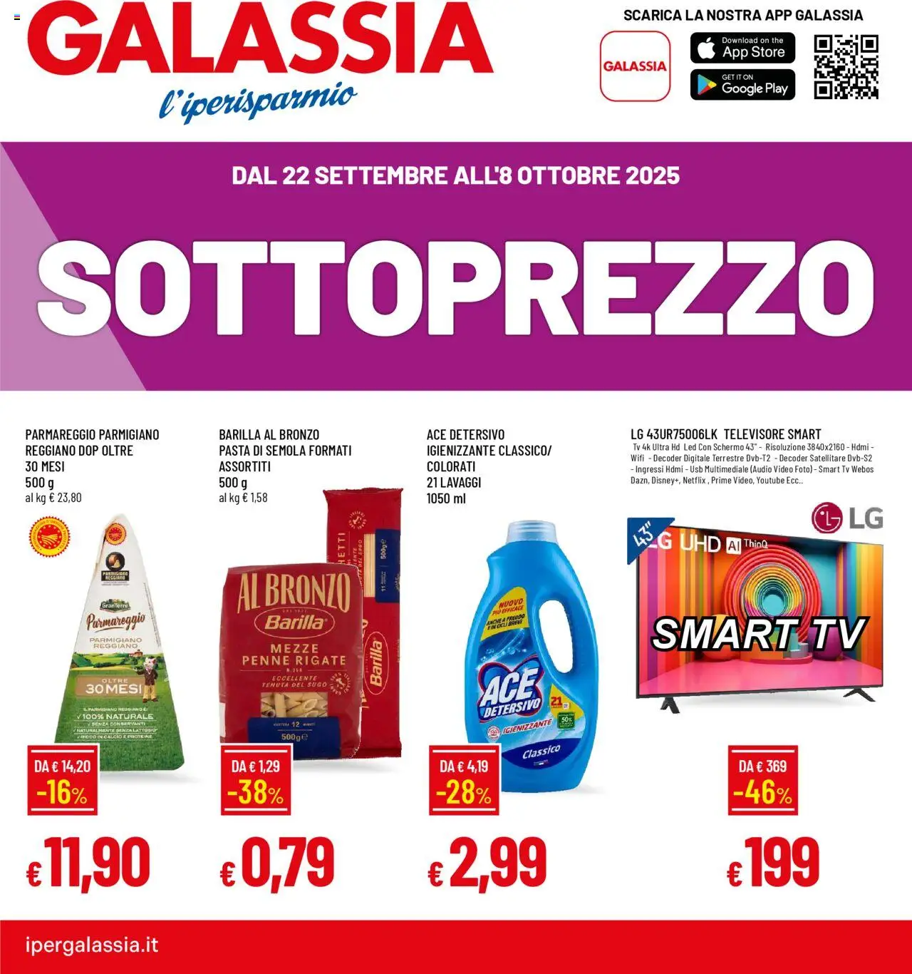 Volantino Galassia del 22.09.2025 | Pagina: 1 | Prodotti: smart TV, Decoder, Audio, Parmigiano reggiano