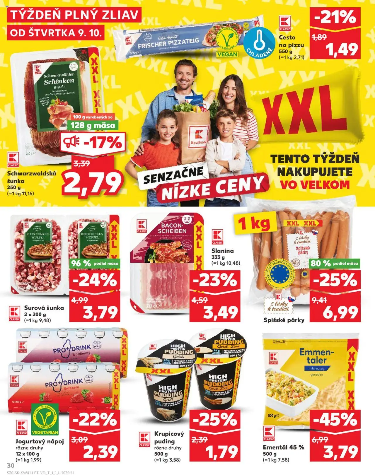 Nové Kaufland akcie – leták je platný od 09.10.2025 | Strana: 30 | Produkty: Šunka, Pizza, Slanina, Protein