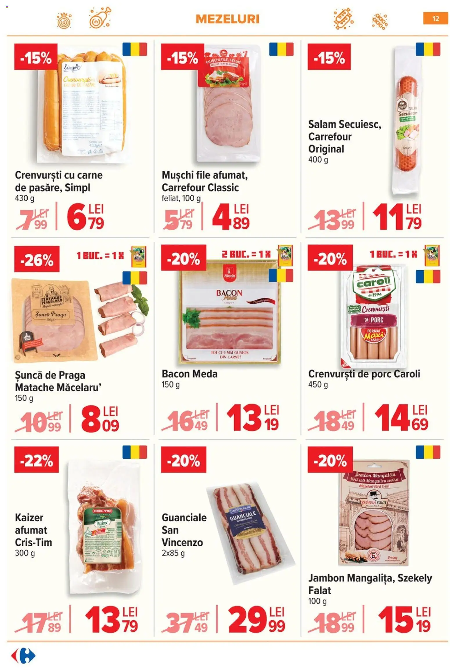 Noul catalog Carrefour – valabil de la 29.04.2026 | Pagină: 13 | Produse: Crenvurști, Bacon, Salam, Șuncă
