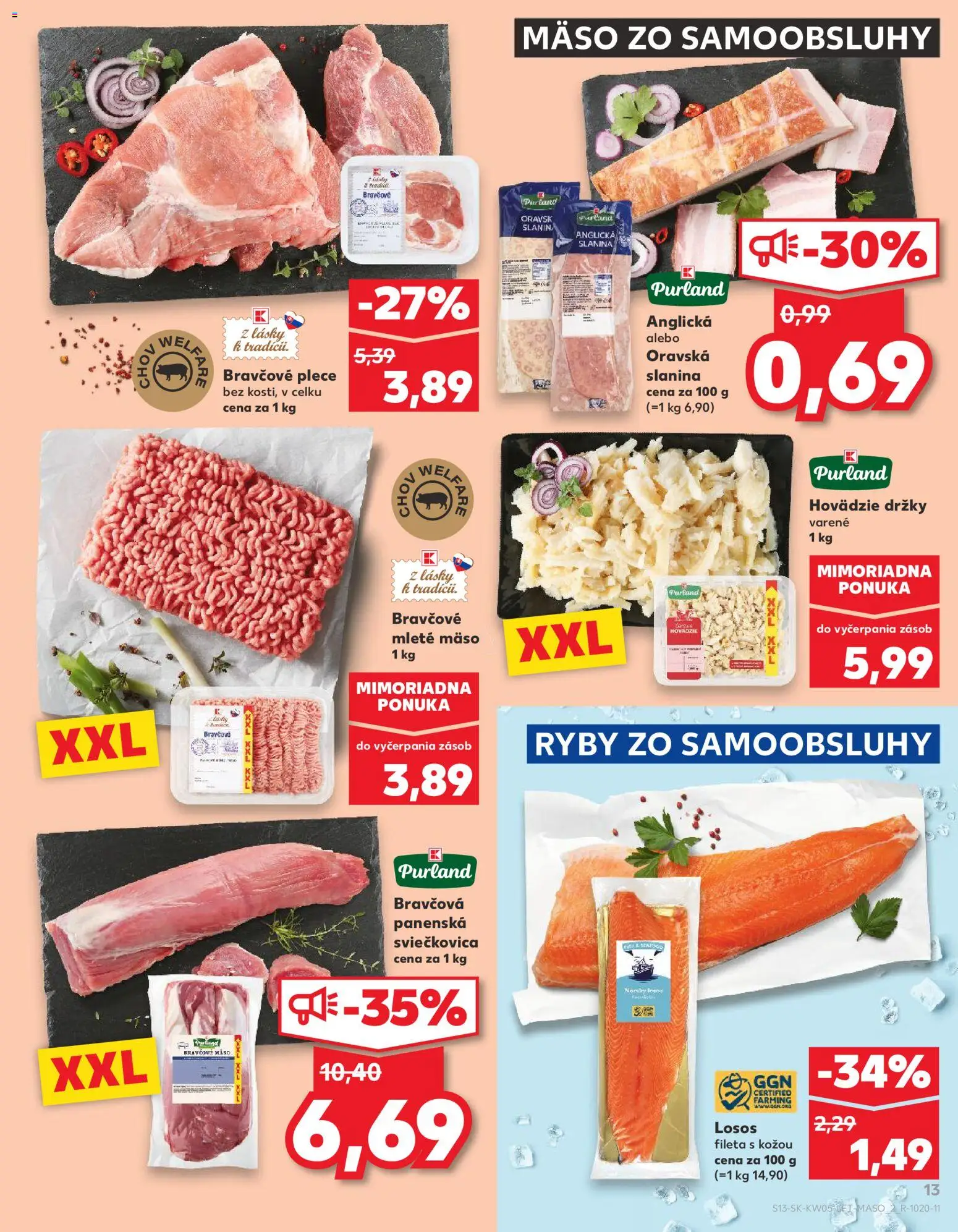 Nové Kaufland akcie – leták je platný od 29.01.2026 | Strana: 13 | Produkty: Slanina, Bravčové plece, Losos, Mleté mäso