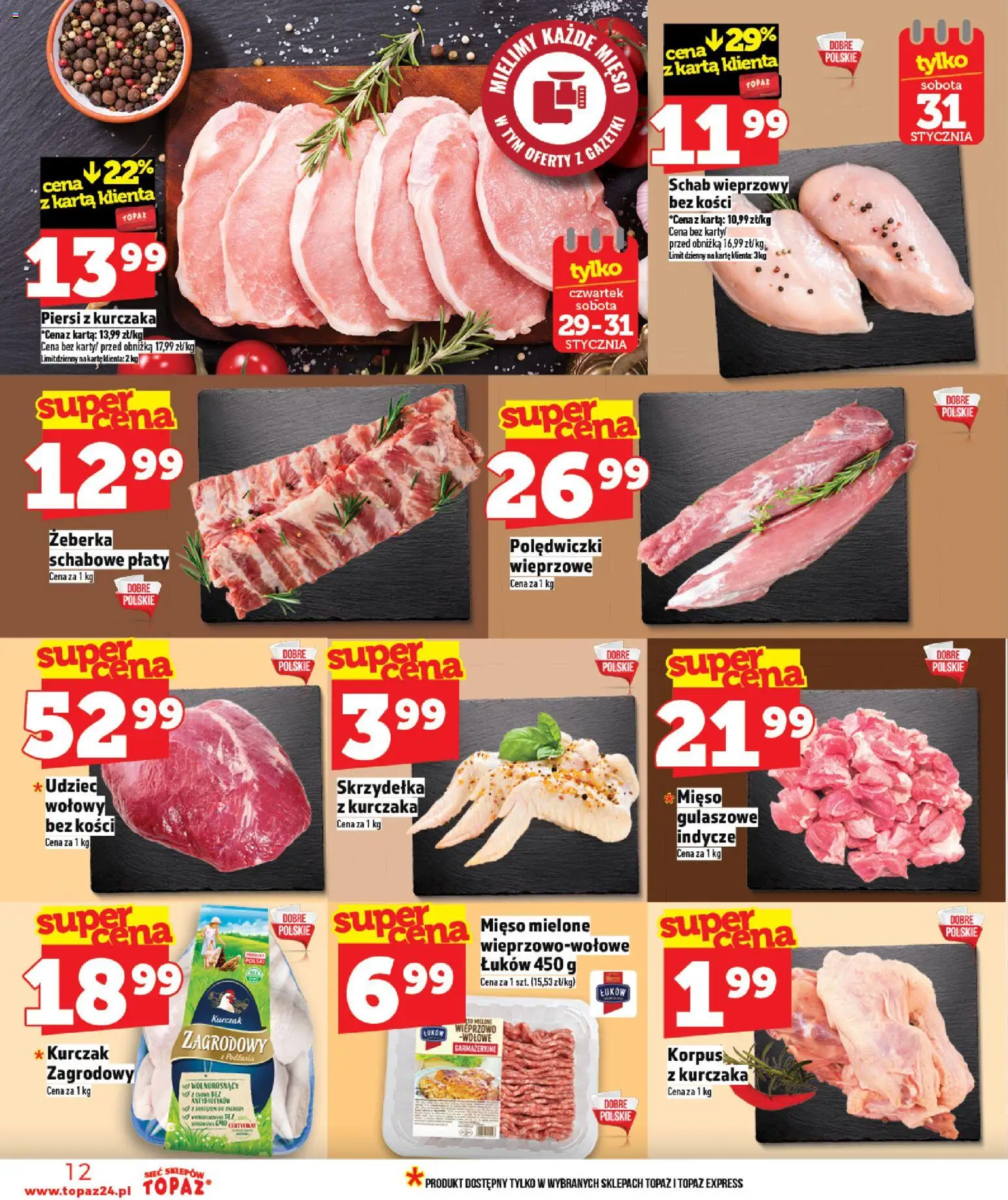 Topaz Gazetka - Ceny małe na stałe od 29.01.2026 | Strona: 12 | Produkty: Karta, Mięso, Schab wieprzowy, Mięso mielone