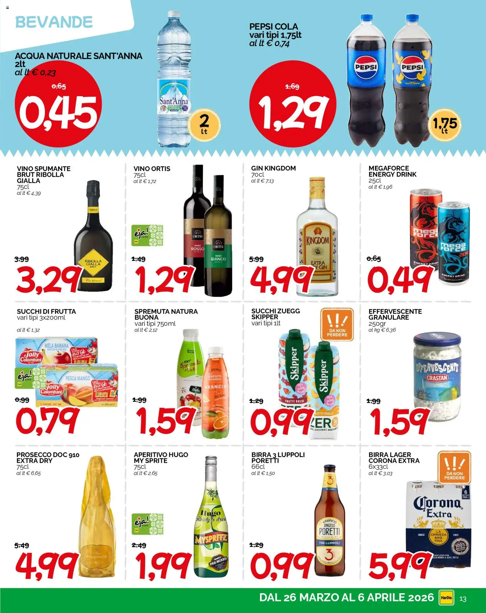 Volantino HarDis del 26.03.2026 | Pagina: 13 | Prodotti: Birra, Prosecco, Acqua, Pesca