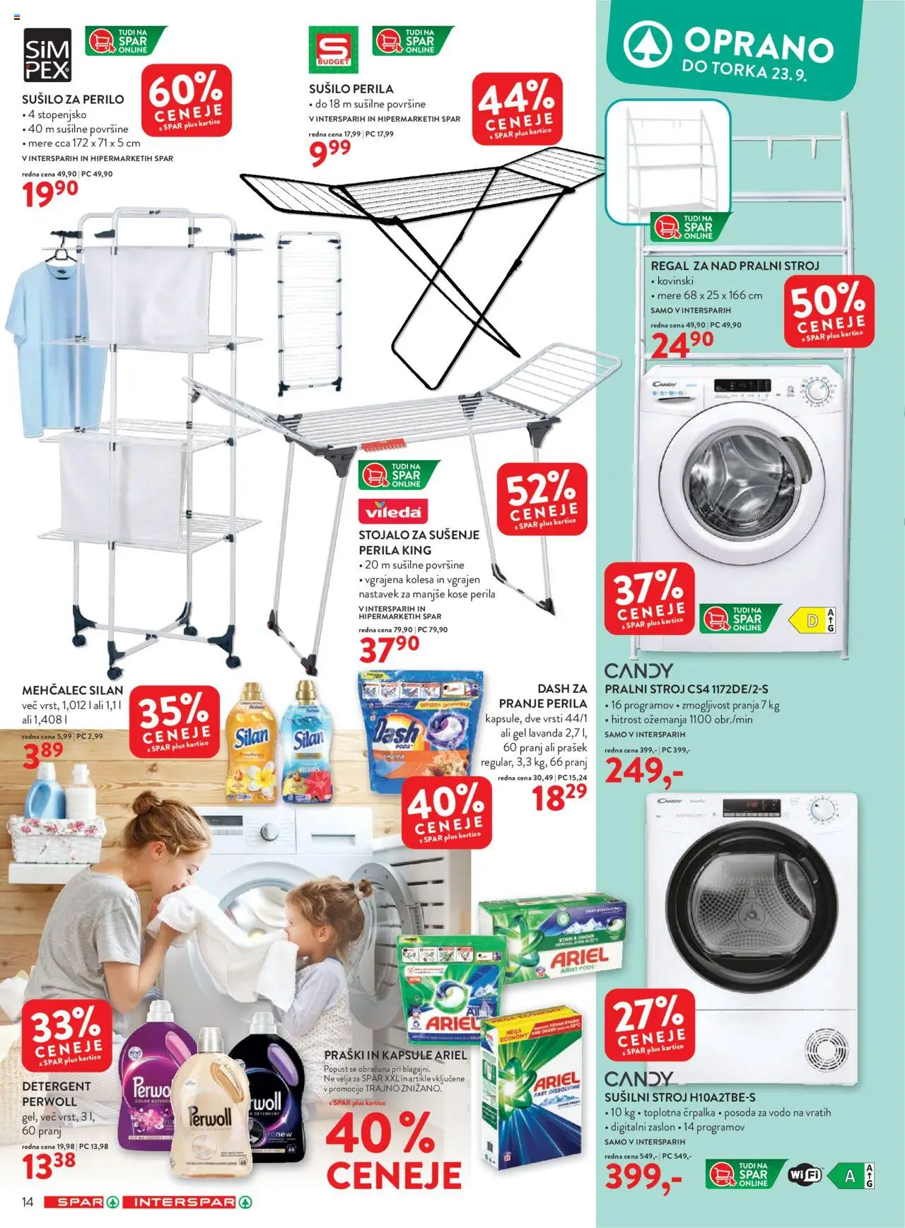 Novi Spar katalog ponudbe – veljaven od 10.09.2025 | Stran: 14 | Izdelki: Sušilo za perilo, Prašek, Mehčalec, Detergent