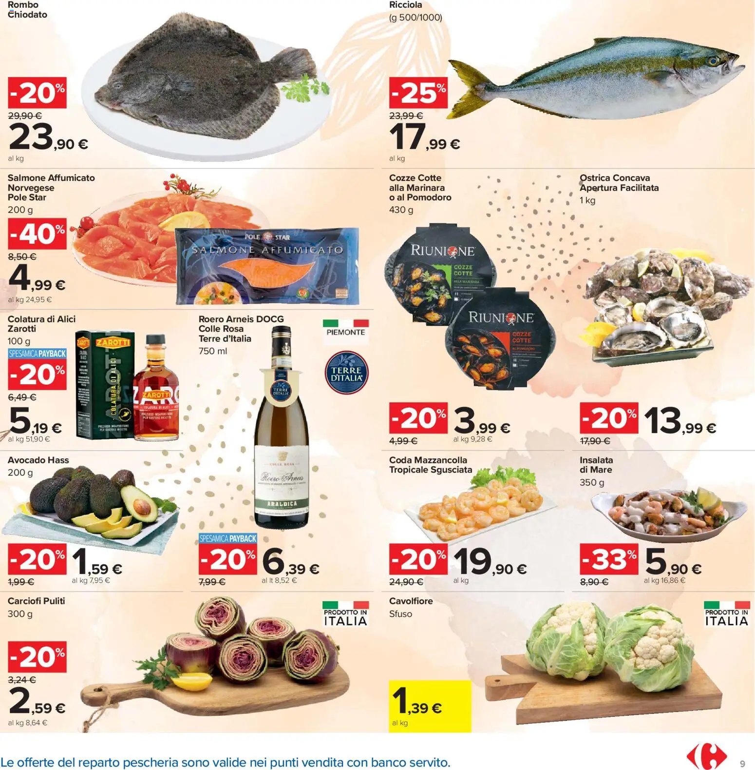 Volantino Carrefour del 24.03.2026 | Pagina: 9 | Prodotti: Salmone affumicato, Cozze, Carciofi, Cavolfiore