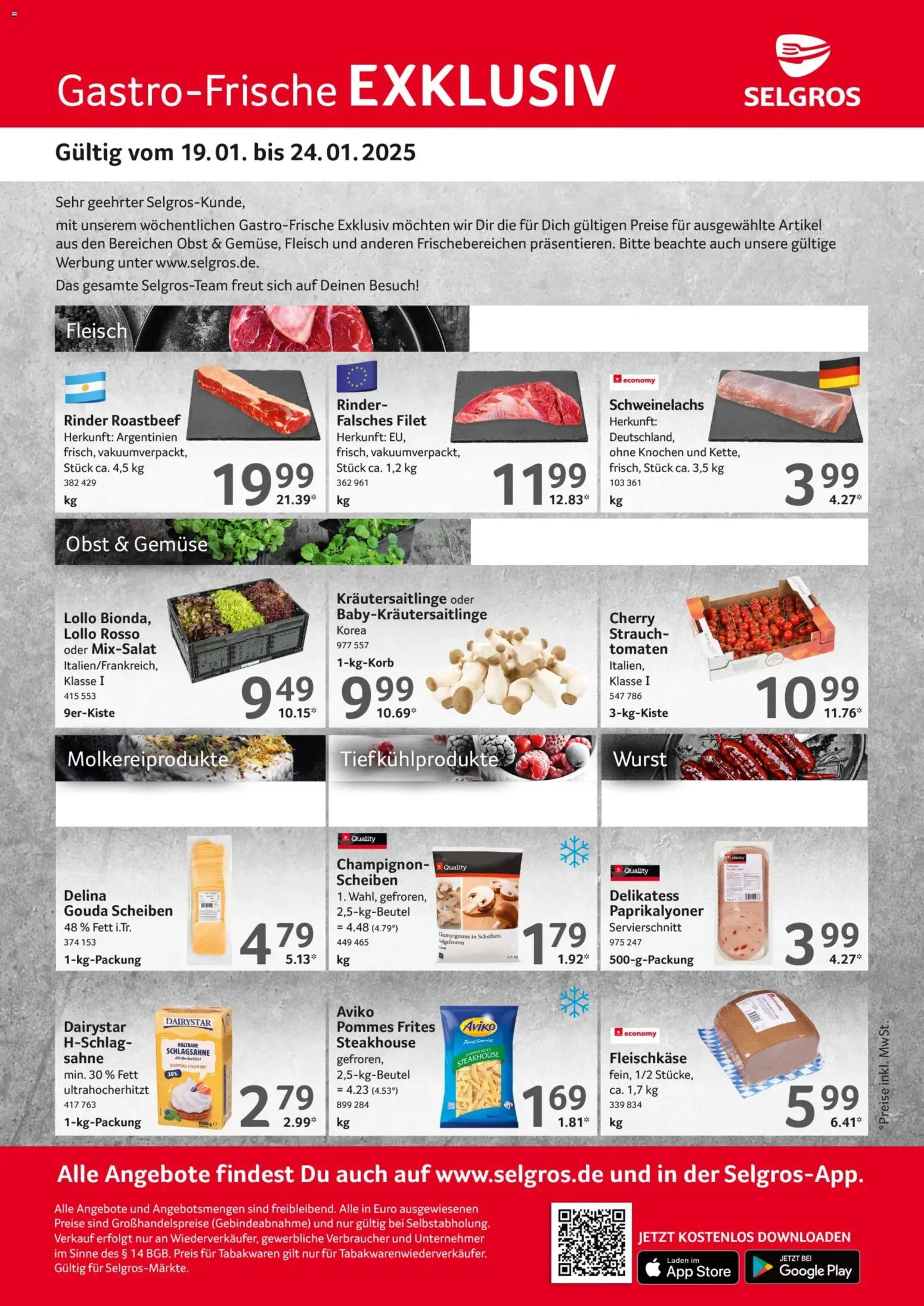 Selgros  Gastro Angebote – gültig ab 19.01.2026 | Seite: 1 | Produkte: Gouda, Pommes, Champignons, Fleisch