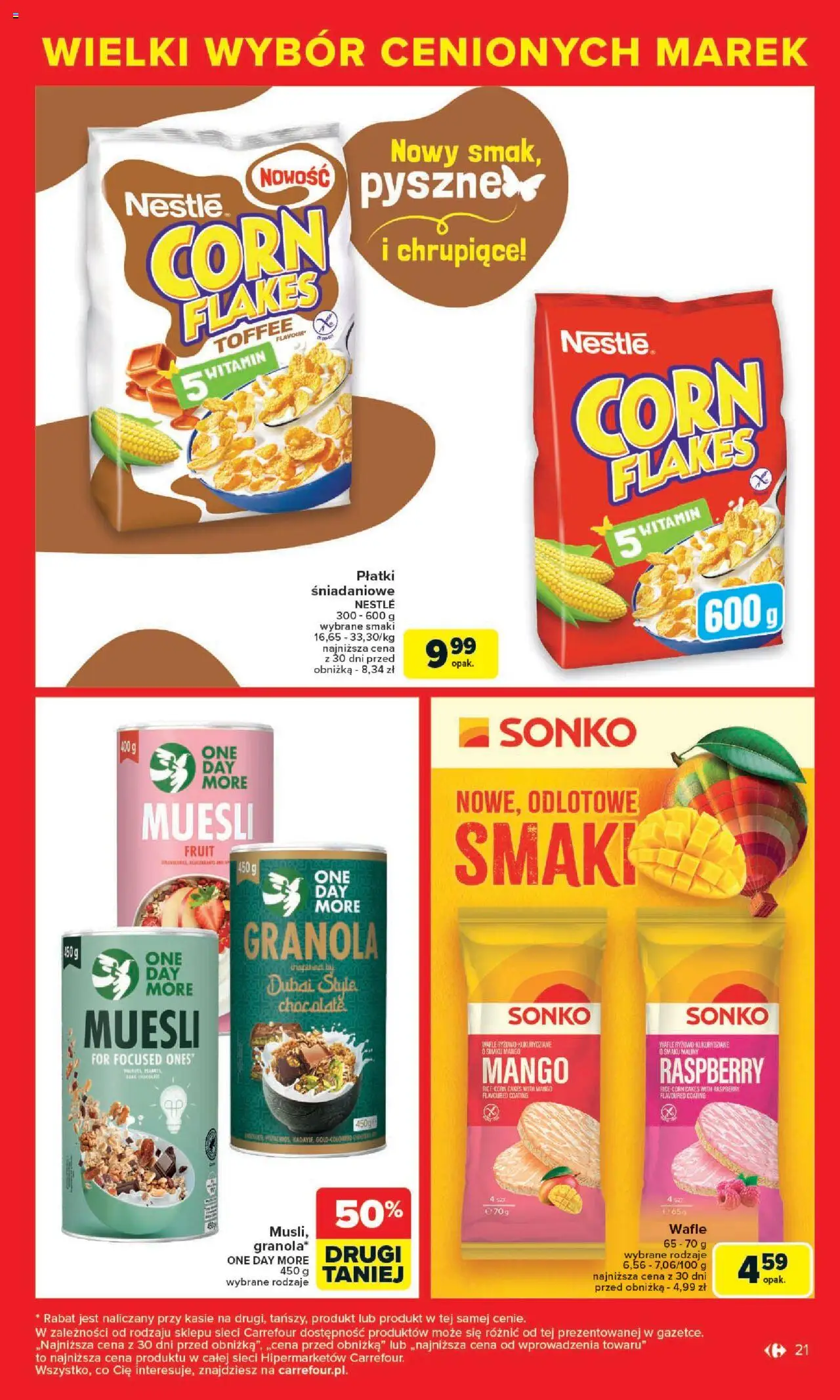 Carrefour Gazetka - Cenione marki, super ceny od 04.08.2025 | Strona: 21 | Produkty: Mango, Maliny, Wafle, Corn Flakes