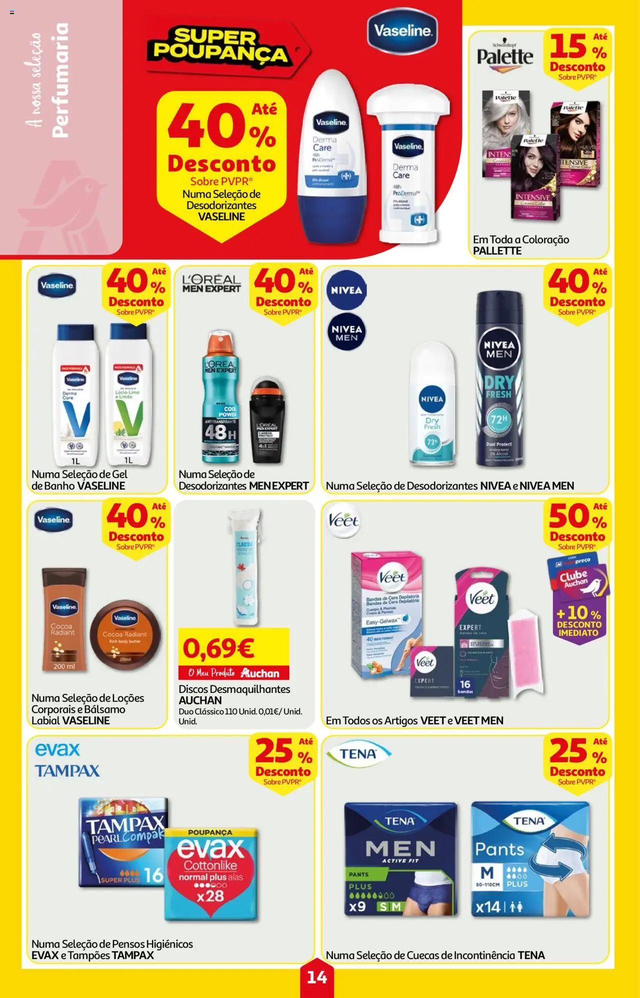 Auchan folheto │ válido de 14.08.2025 | Página: 14 | Produtos: Pensos higiénicos, Antitranspirante, Banho, Cuecas