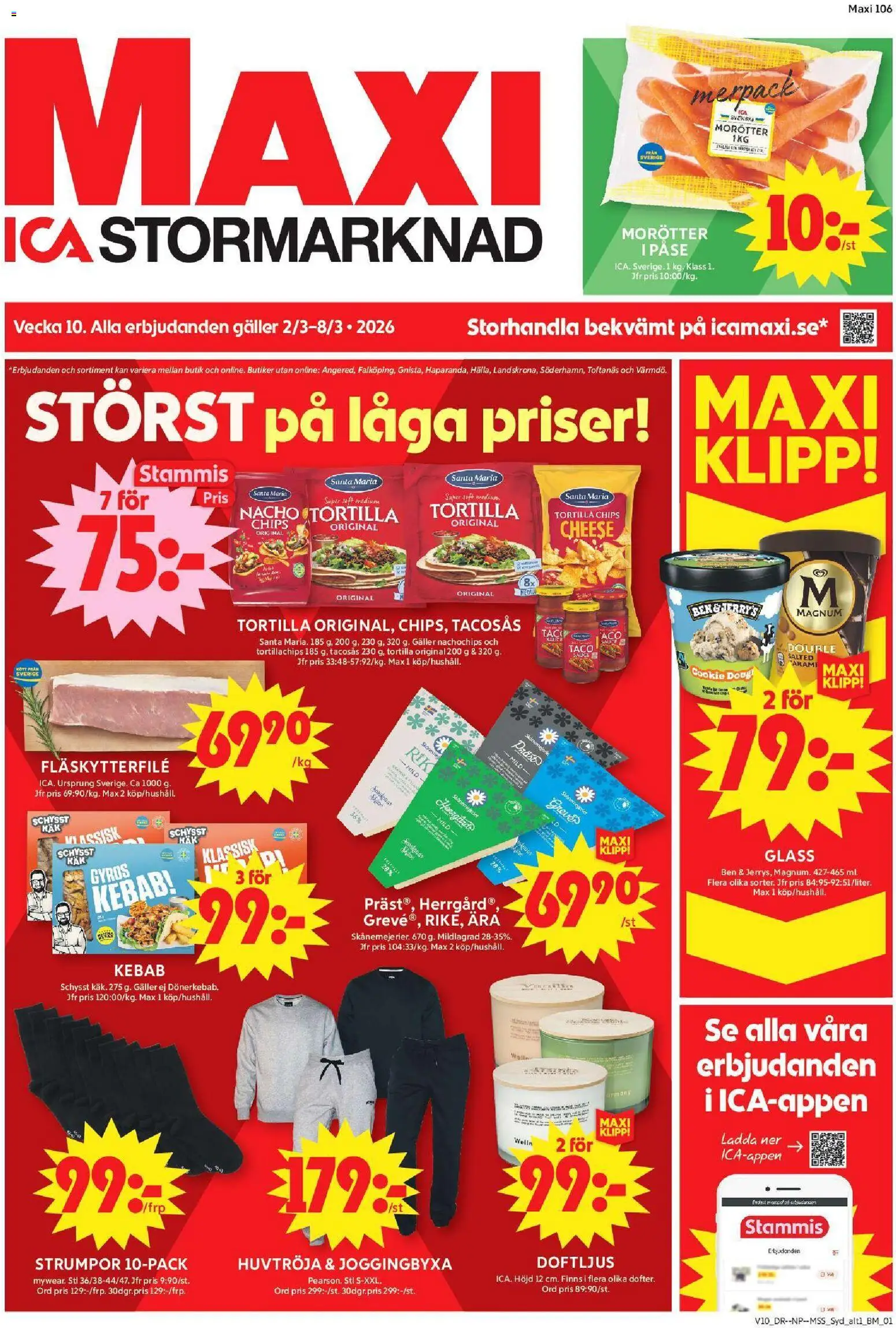 ICA Maxi reklamblad aktuell från 02.03.2026 | Sida: 1 | Produkter: Tortilla, Tacosås, Fläskytterfilé, Chips