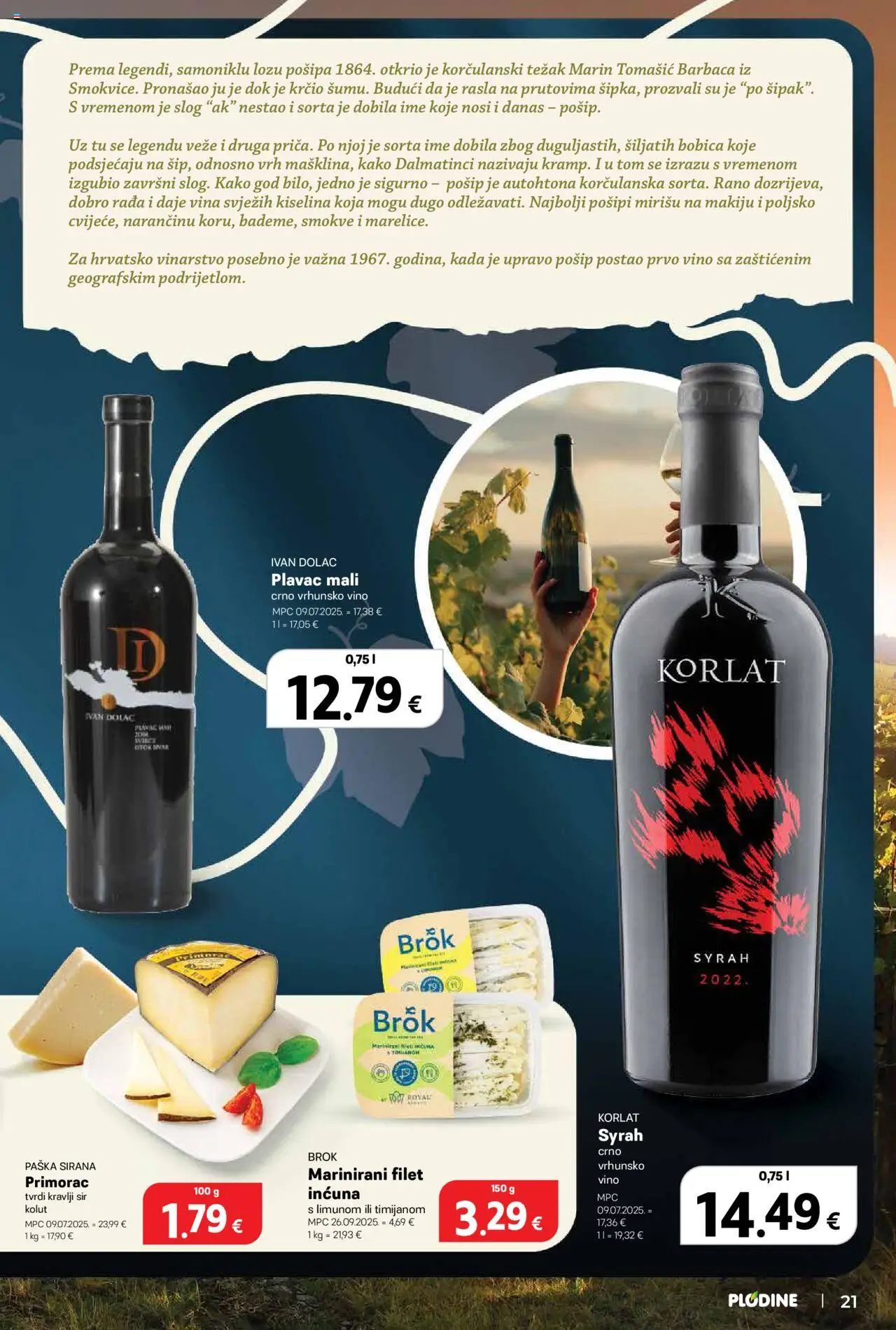 Plodine katalog | vrijedi od 01.10.2025 | Stranica: 21 | Proizvodi: Korlat, Sir, Vino