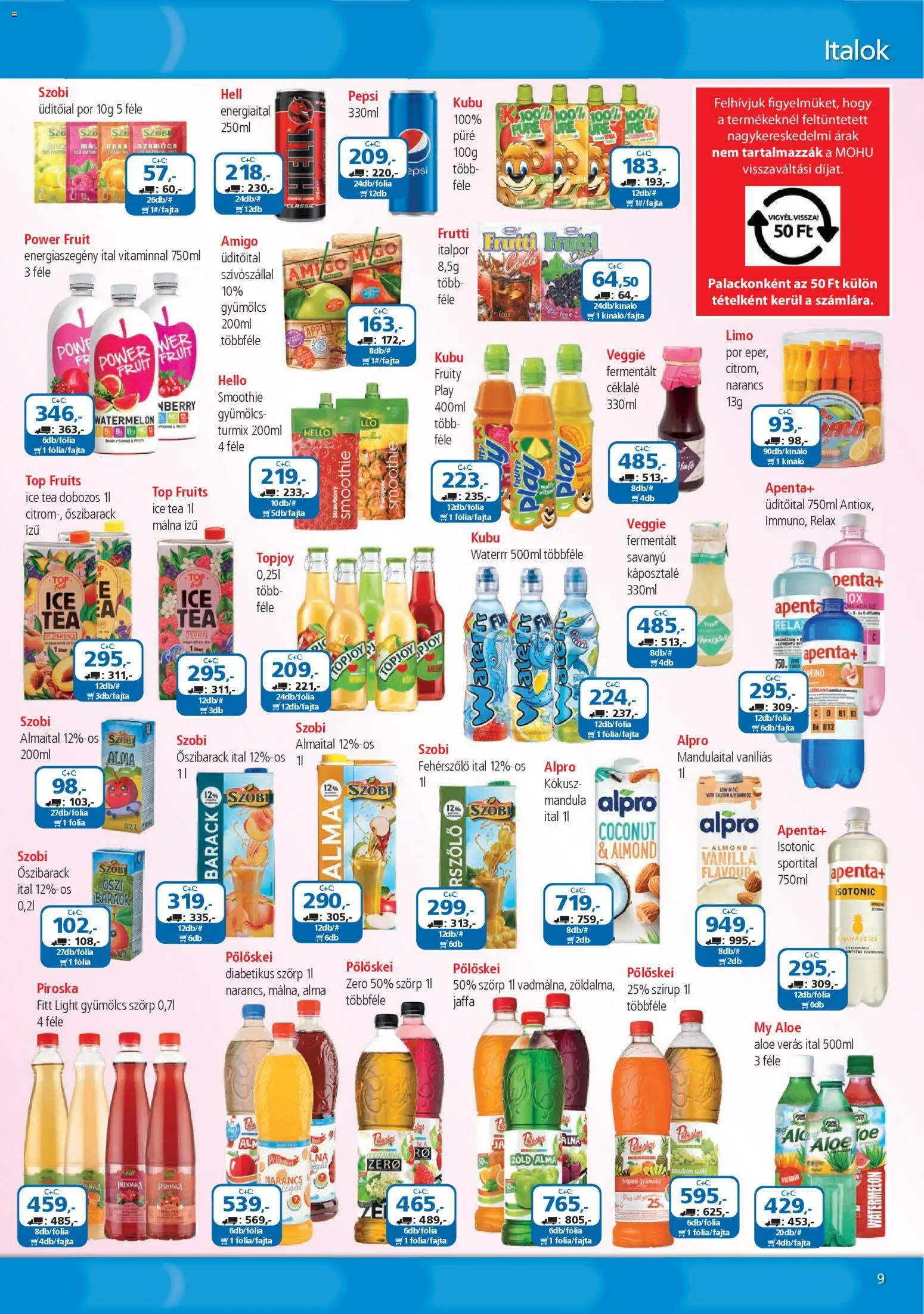 ÁRKLUB akciós ujság - amely érvényes a következő dátumtól: 01.11.2025 | Oldal: 9 | Termékek: Málna, Pepsi, Kokusz, Italpor