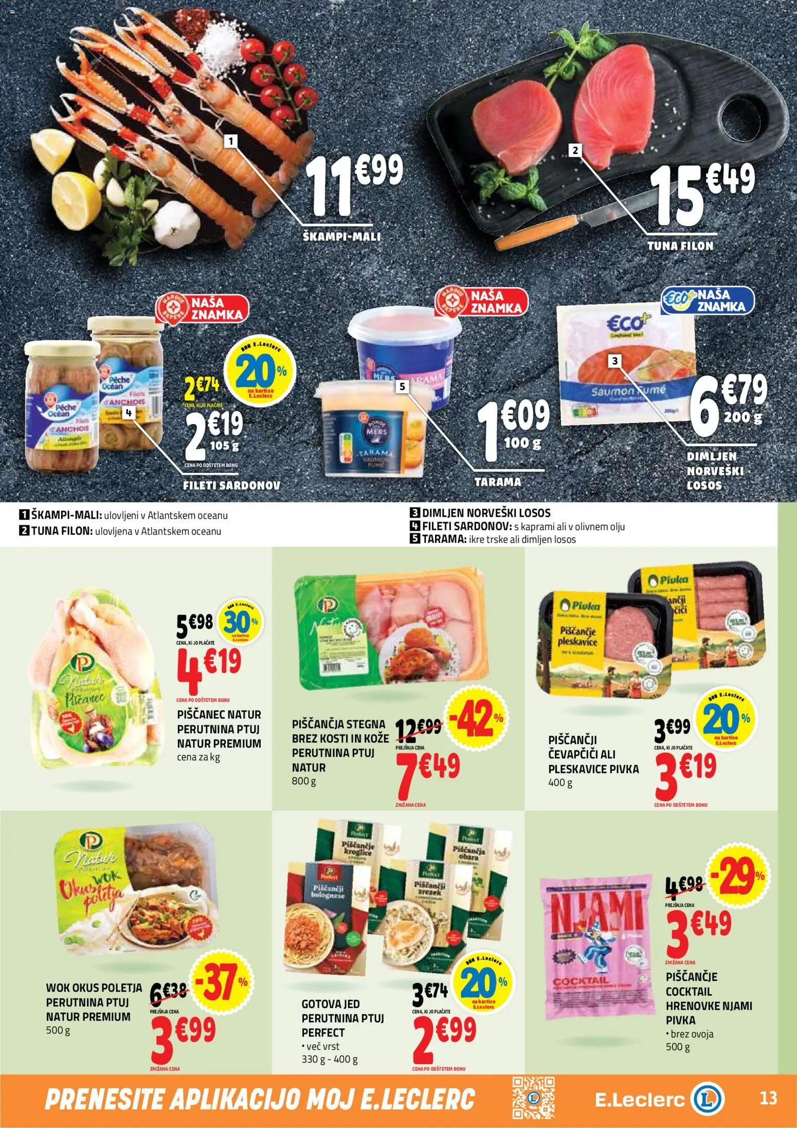 Novi E.leclerc katalog ponudbe – veljaven od 22.04.2026 | Stran: 13 | Izdelki: Hrenovke, Čevapčiči, Losos, Pleskavice