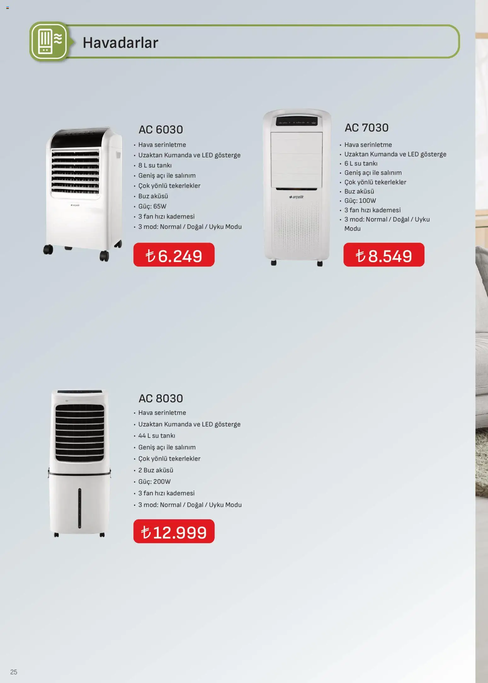 Arçelik İklimlendirme Kataloğu - 16.11.2025 tarihinden itibaren geçerlidir | Sayfa: 25 | Ürünler: Su, Fan