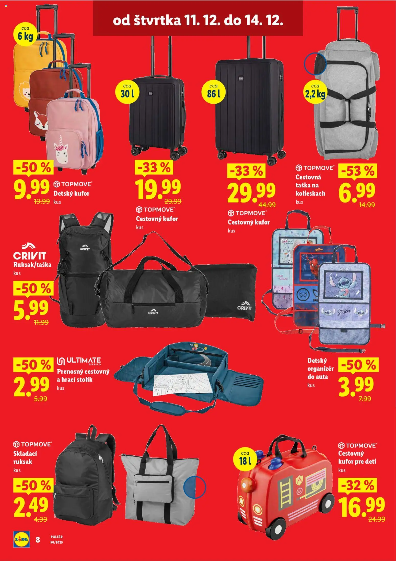 Nové Lidl akcie – leták je platný od 11.12.2025 | Strana: 8 | Produkty: Organizér, Ruksak, Cestovná taška