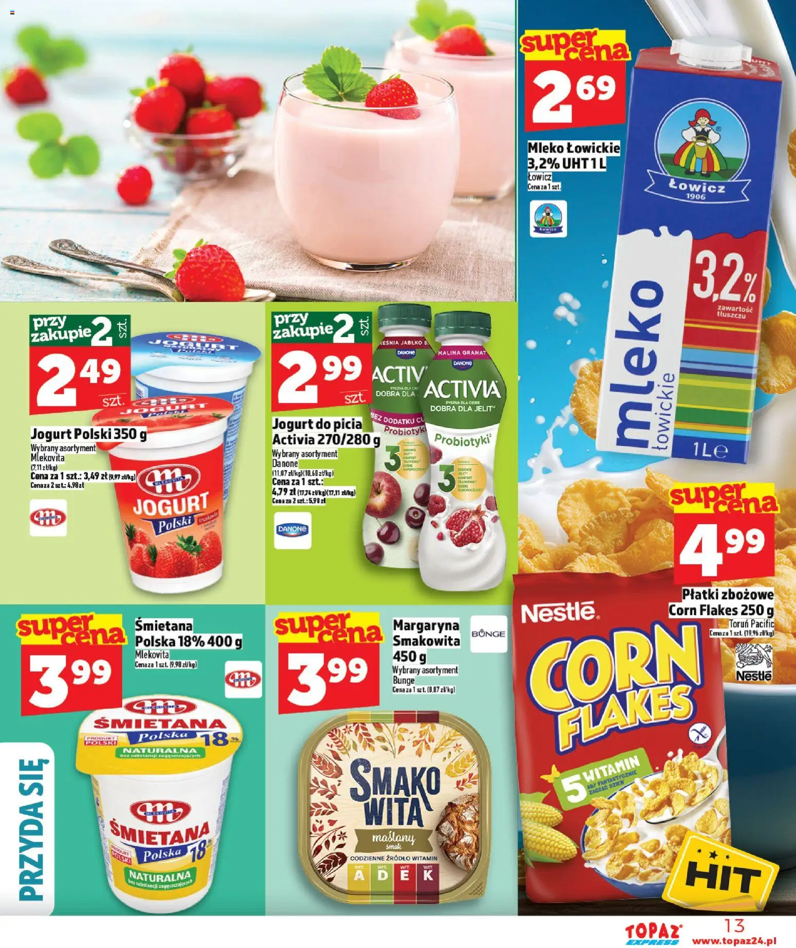 Topaz gazetka - Express od 05.03.2026 | Strona: 13 | Produkty: Malina, Mleko, Śmietana, Płatki