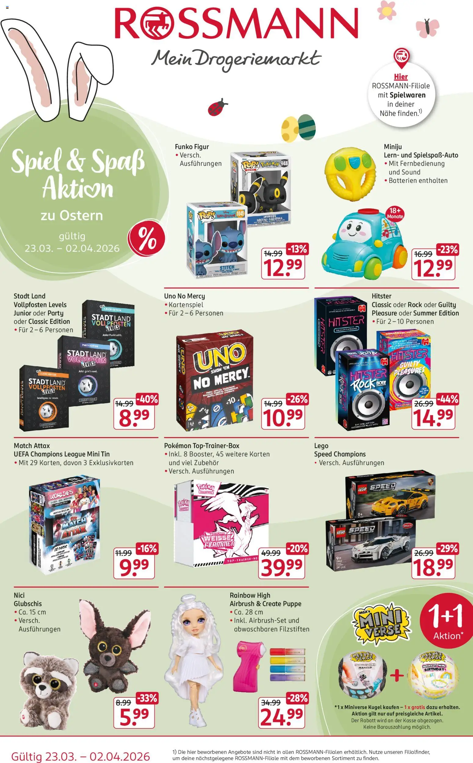 Rossmann Spiel & Spaß Angebote – gültig ab 23.03.2026 | Seite: 1 | Produkte: Spiel, Batterien, Rock