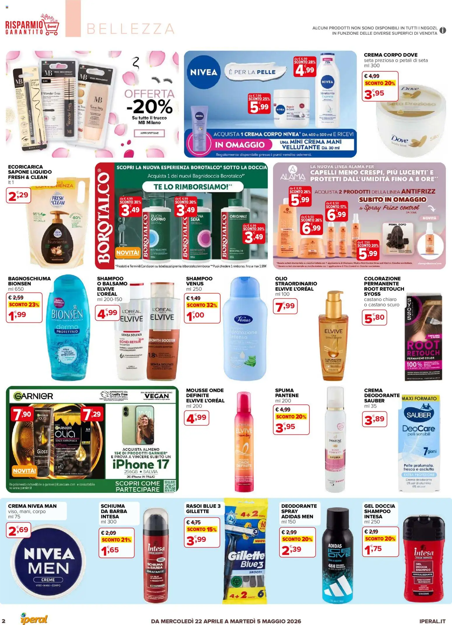 Volantino Iperal del 22.04.2026 | Pagina: 2 | Prodotti: Shampoo, Sapone, Deodorante, Avocado