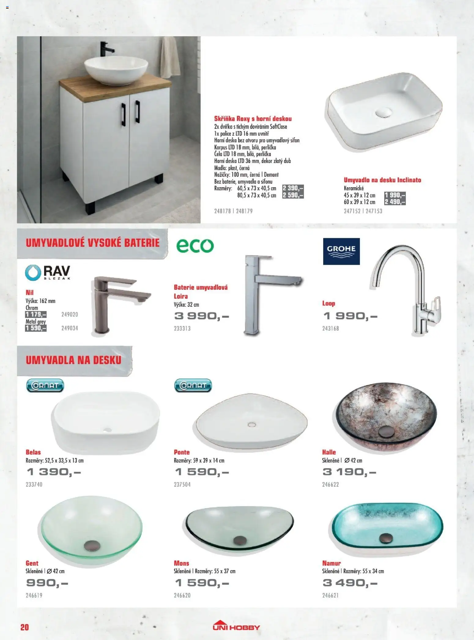 Uni Hobby katalog - Dlažby, obklady a sanita 2026 od 20.02.2026 | Strana: 20 | Produkty: Police, Skříňka, Umyvadlo, Baterie