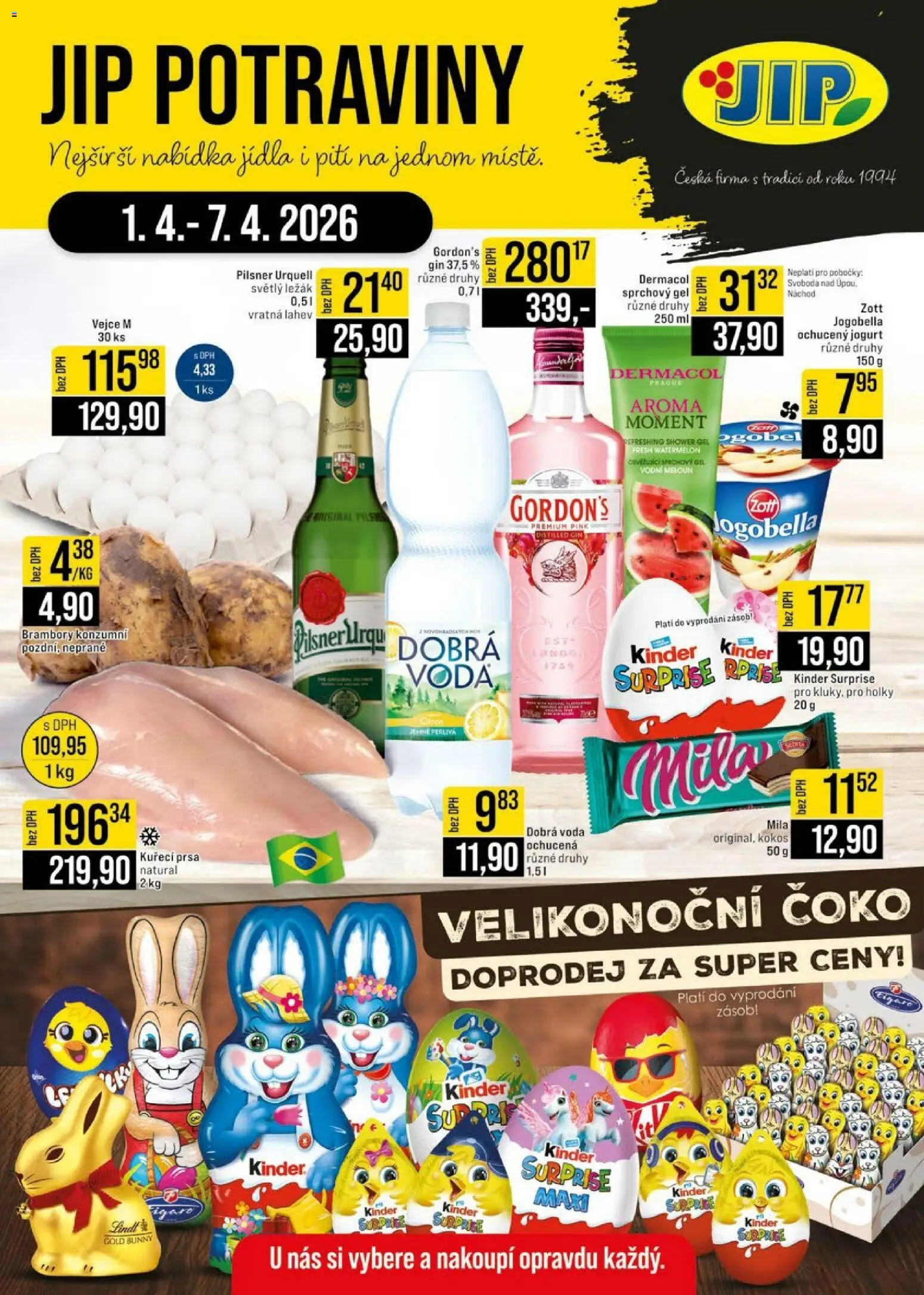 Jip leták - Cash & Carry od 01.04.2026 | Strana: 1 | Produkty: Kuřecí prsa, Pilsner Urquell, Jogobella, Láhev