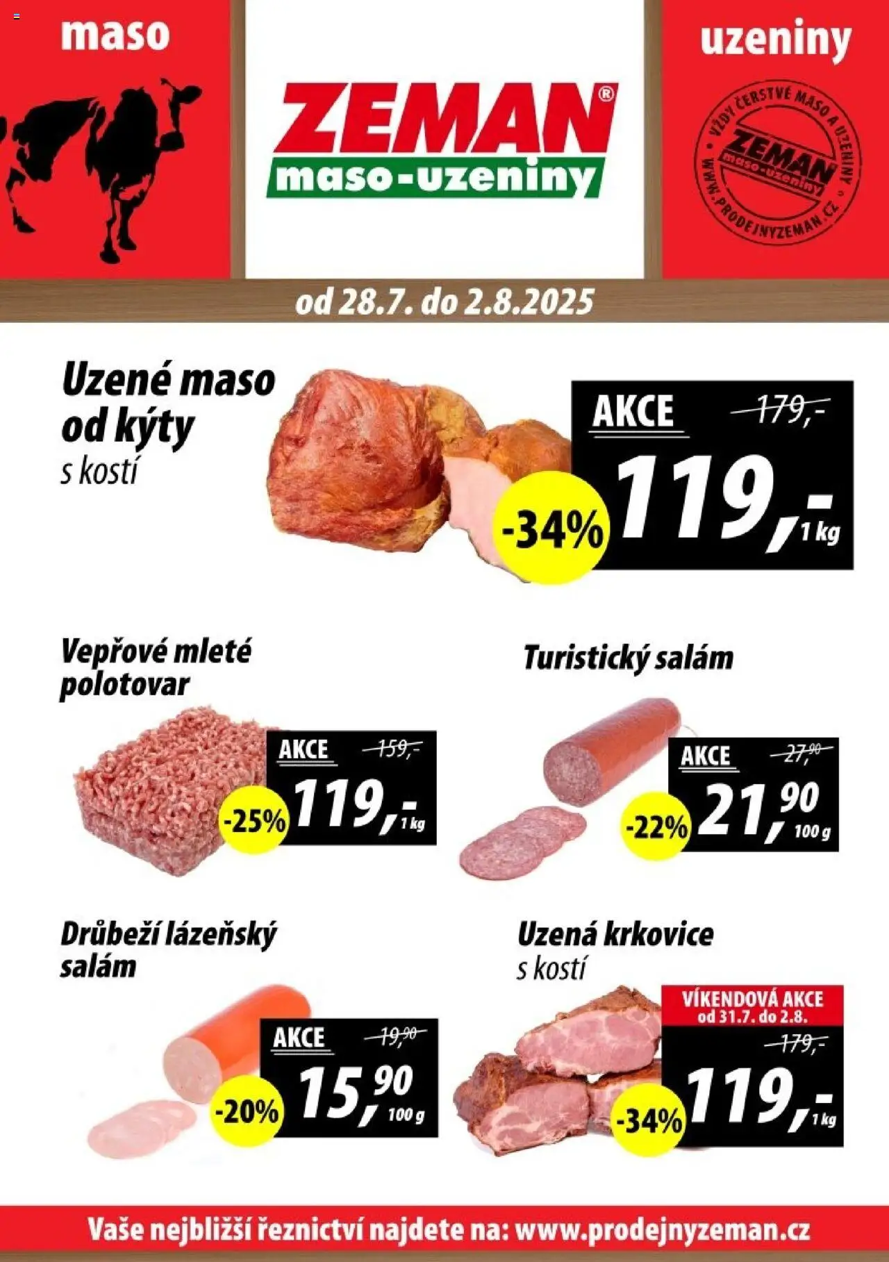 Prodejny Zeman leták - Plzeň od 28.07.2025 | Strana: 1 | Produkty: Uzené maso, Maso, Krkovice, Uzená krkovice