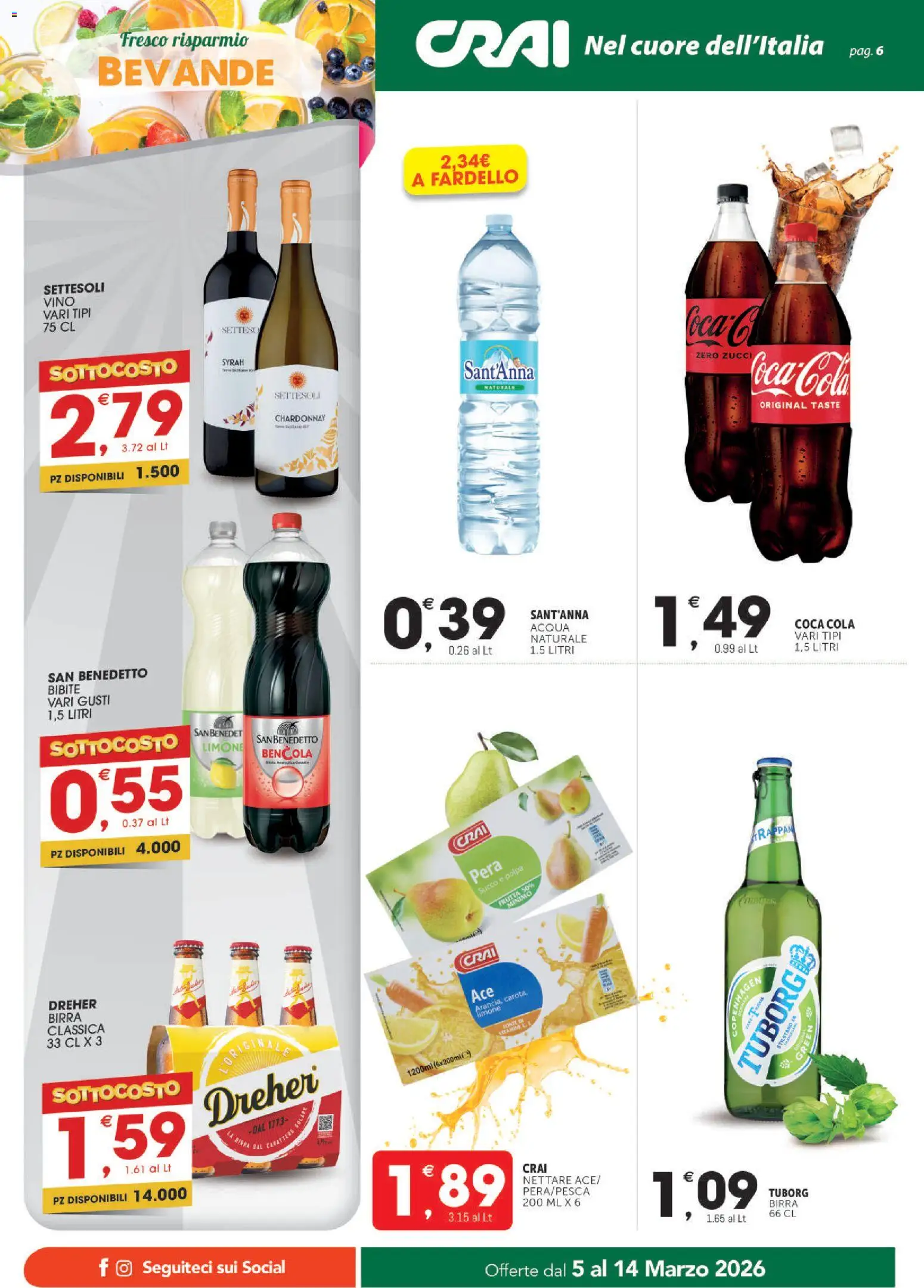 Volantino CRAI del 05.03.2026 | Pagina: 6 | Prodotti: Birra, Acqua, Limone, Coca Cola