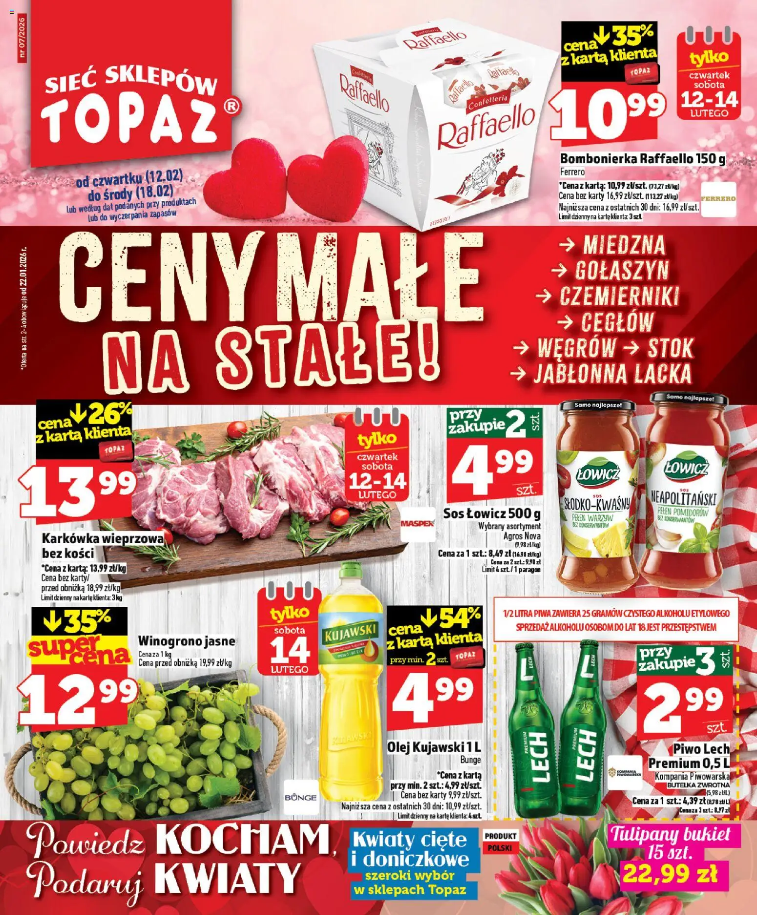 Topaz Gazetka - Ceny małe na stałe od 12.02.2026 | Strona: 1 | Produkty: Piwo, Tulipany, Kwiaty, Sos