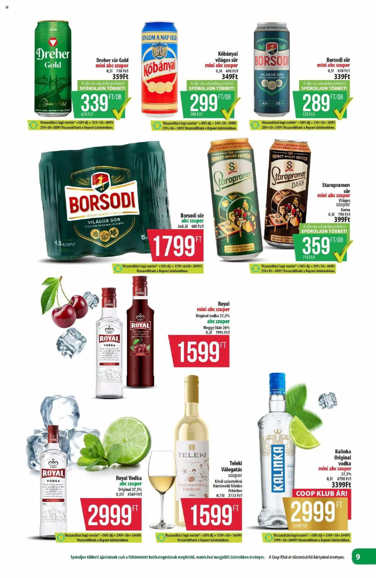 COOP akciós ujság - amely érvényes a következő dátumtól: 25.09.2025 | Oldal: 9 | Termékek: Meggy, Dreher sör, Fehérbor, Likőr