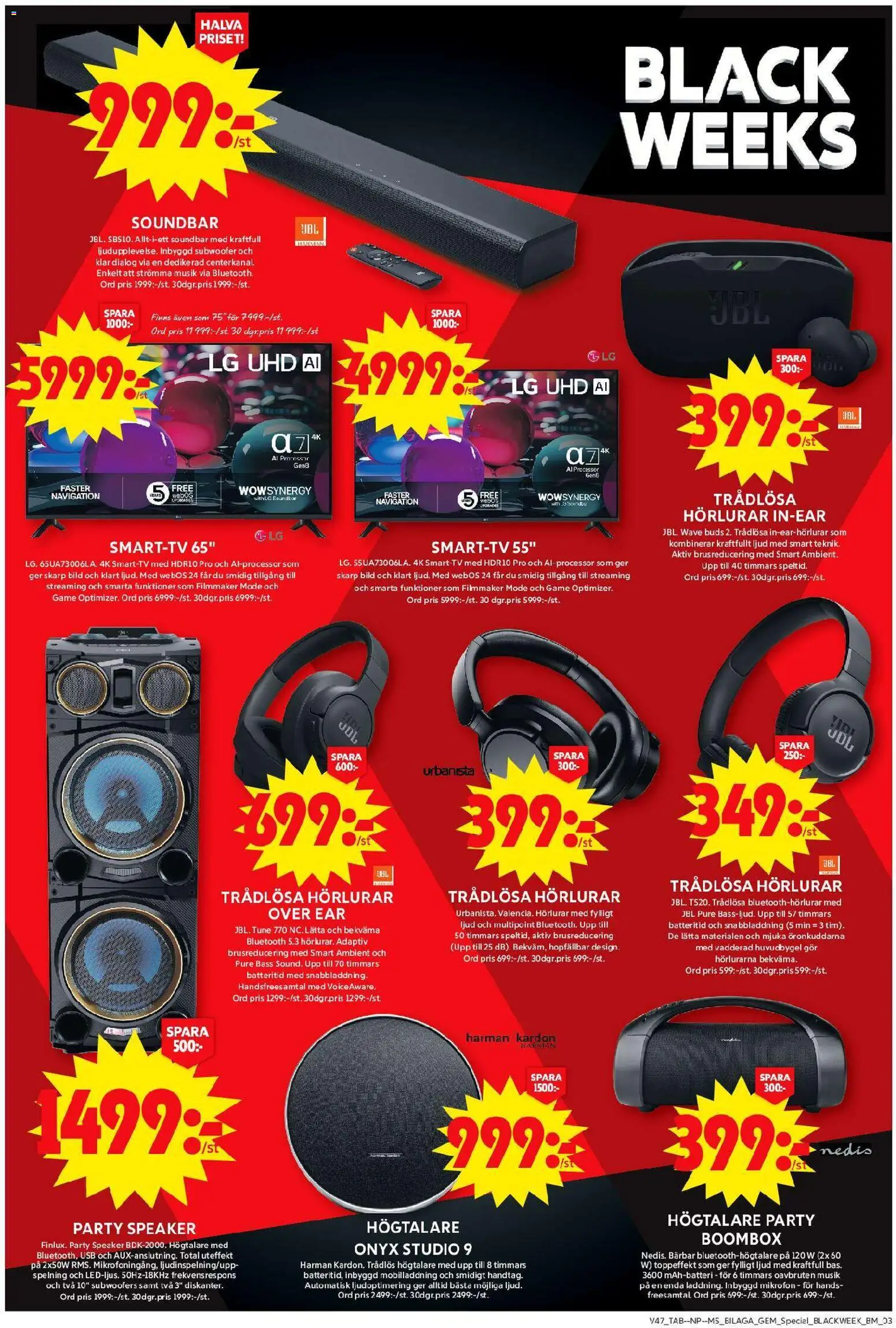 ICA Maxi reklamblad aktuell från 17.11.2025 | Sida: 17 | Produkter: Trådlösa hörlurar, Tv, Hörlurar, Bluetooth-högtalare