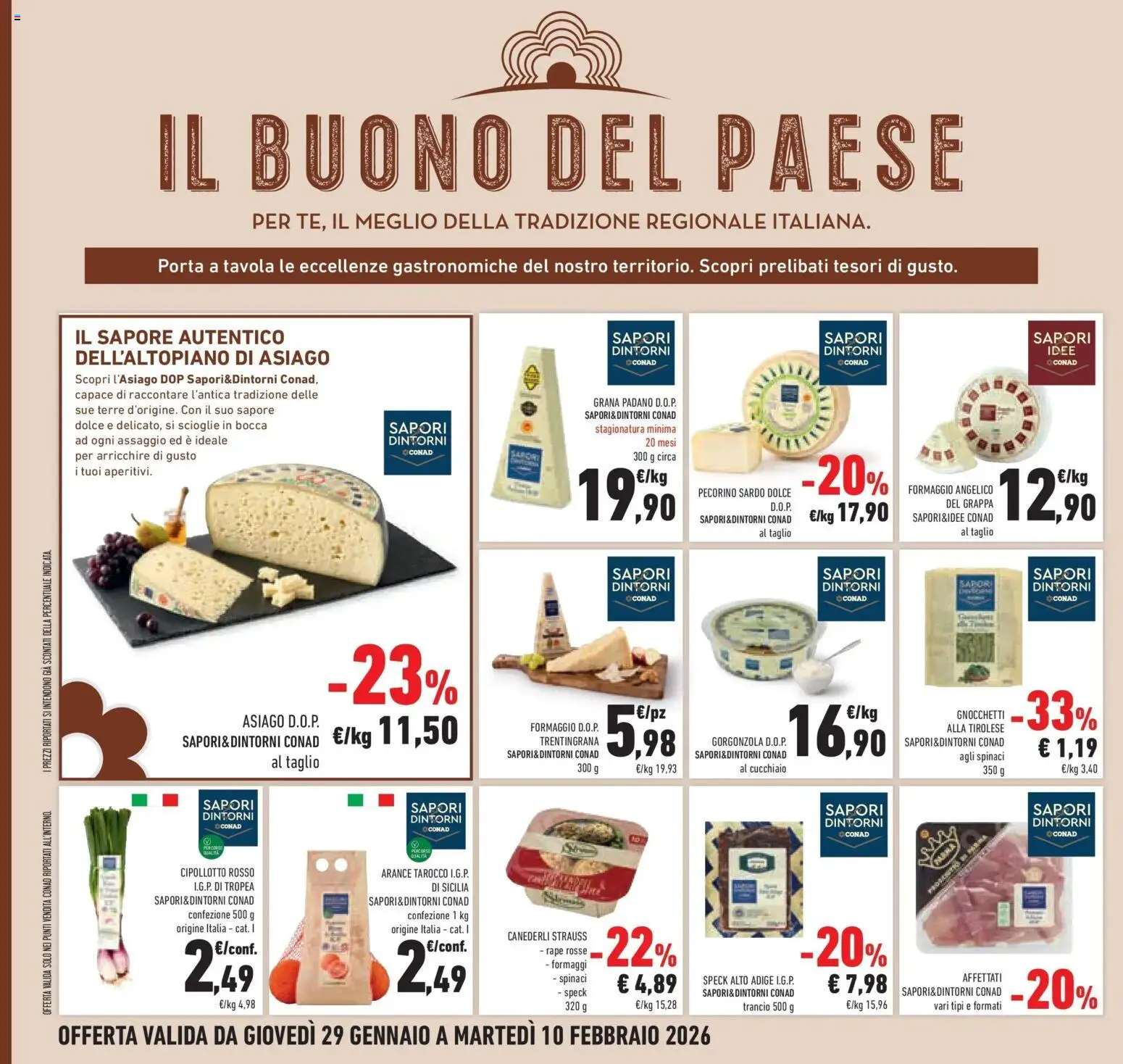 Volantino Conad del 29.01.2026 | Pagina: 14 | Prodotti: Formaggio, Spinaci, Gnocchi, Grappa