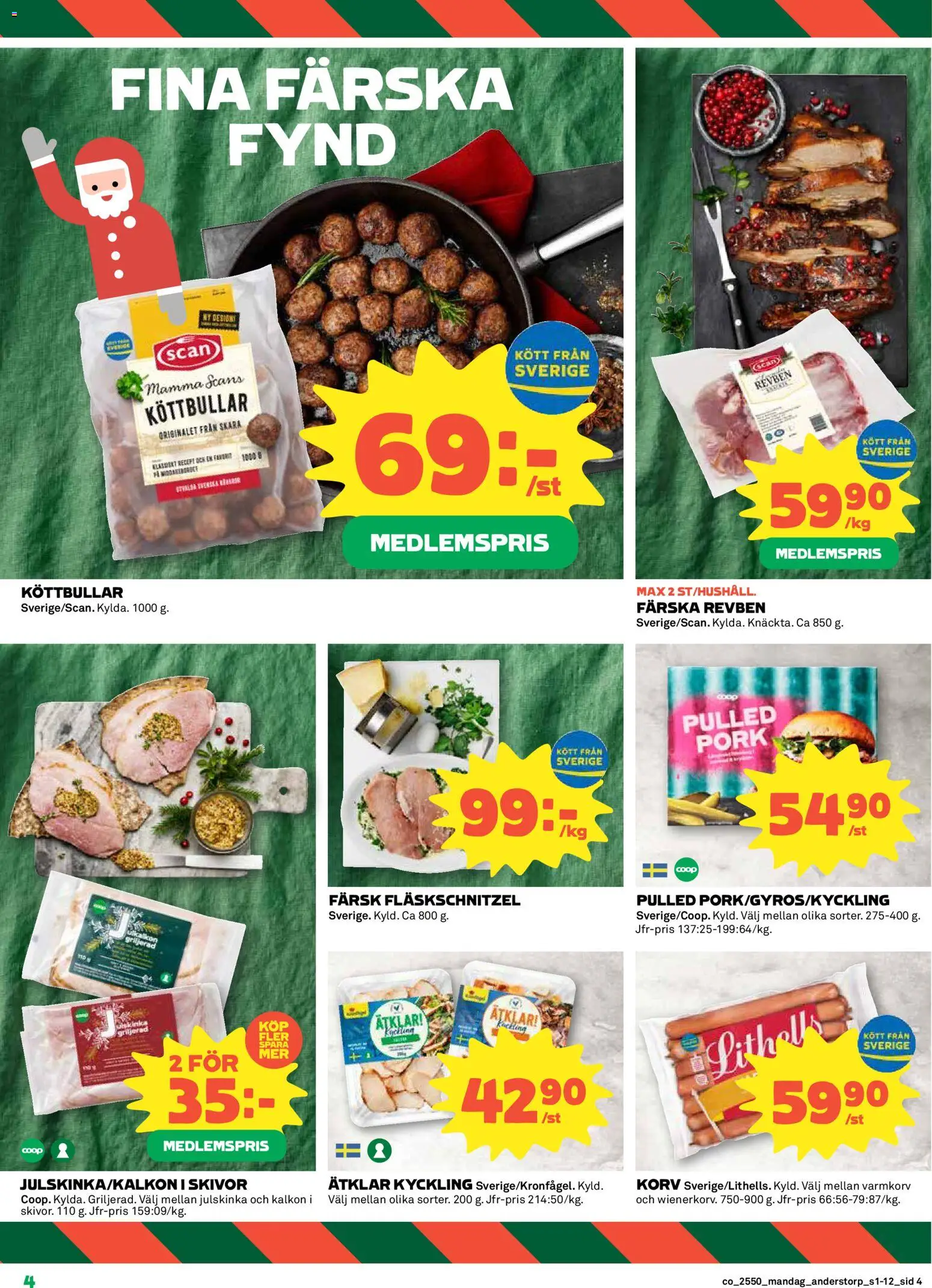 Coop reklamblad aktuell från 08.12.2025 | Sida: 4 | Produkter: Varmkorv, Köttbullar, Kalkon