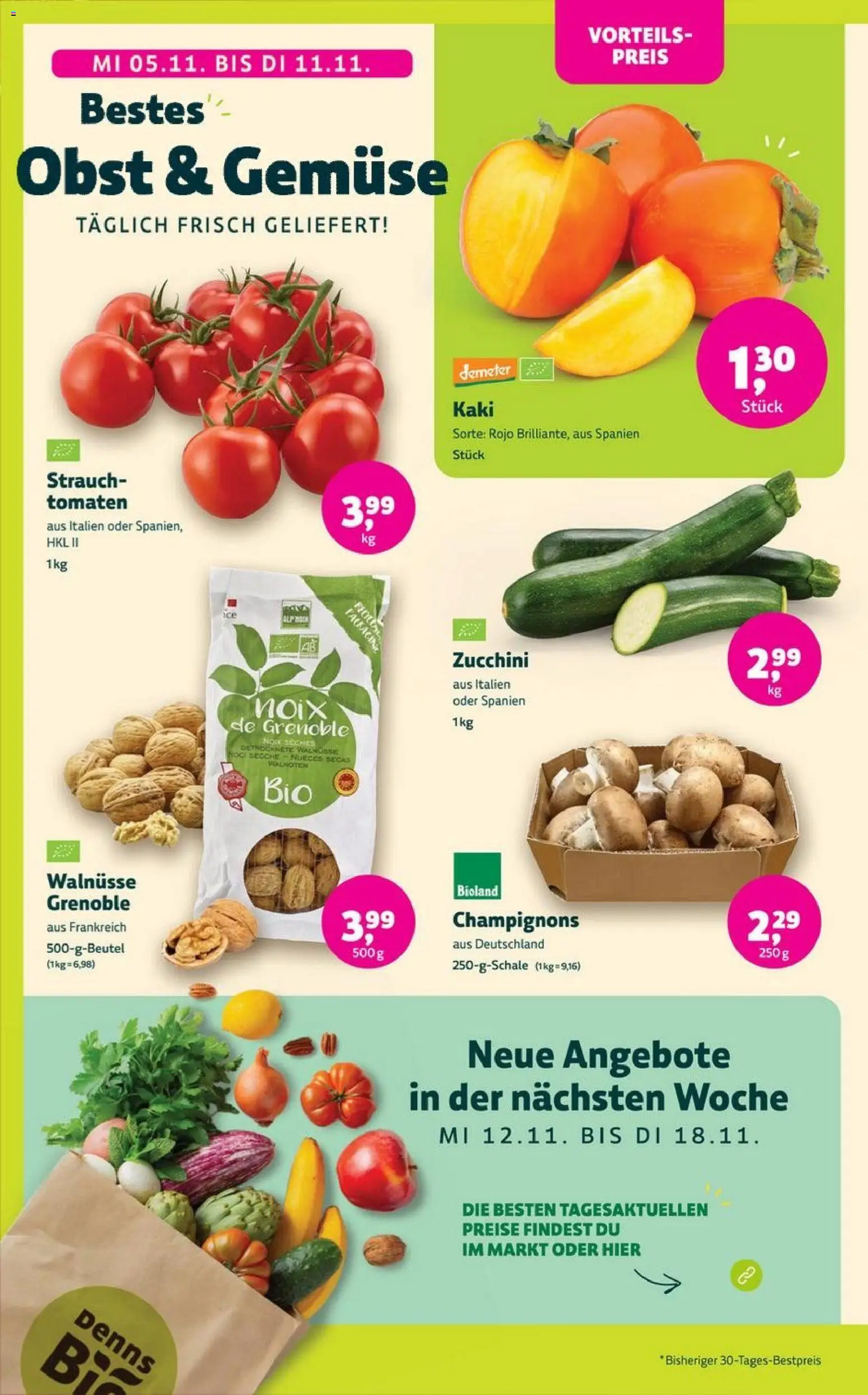 Denns BioMarkt Angebote – gültig ab 05.11.2025 | Seite: 4 | Produkte: Tomaten, Champignons, Obst, Kaki