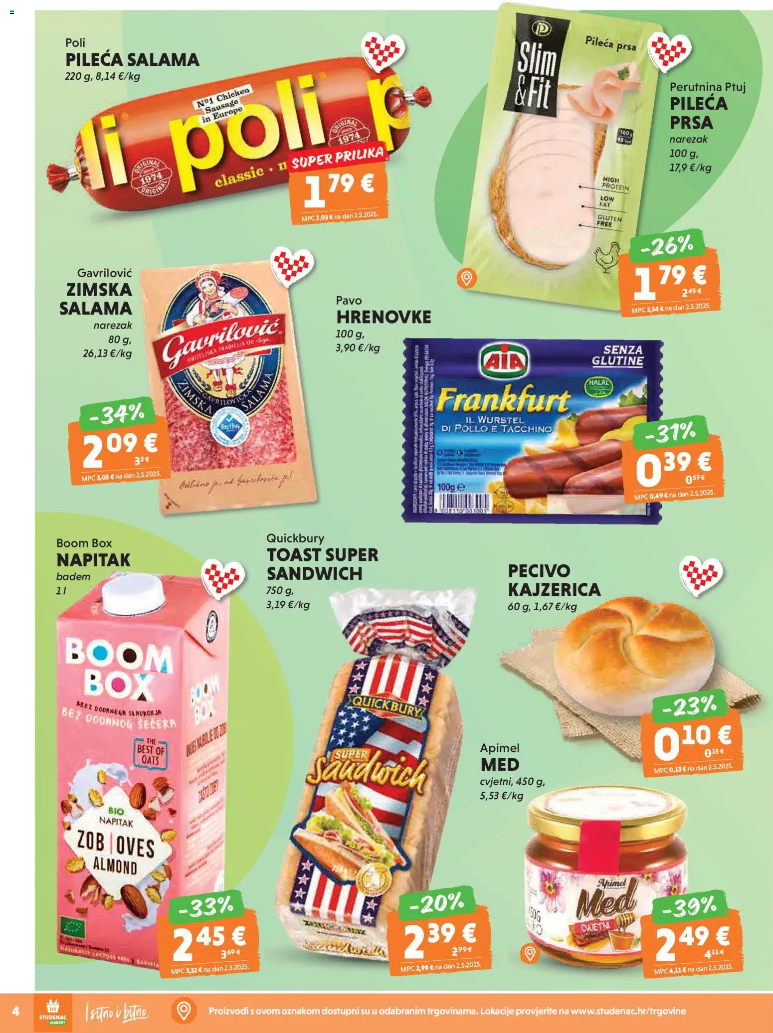 Studenac katalog | vrijedi od 15.04.2026 | Stranica: 4 | Proizvodi: Perutnina Ptuj, Badem, Pecivo, Pileća prsa