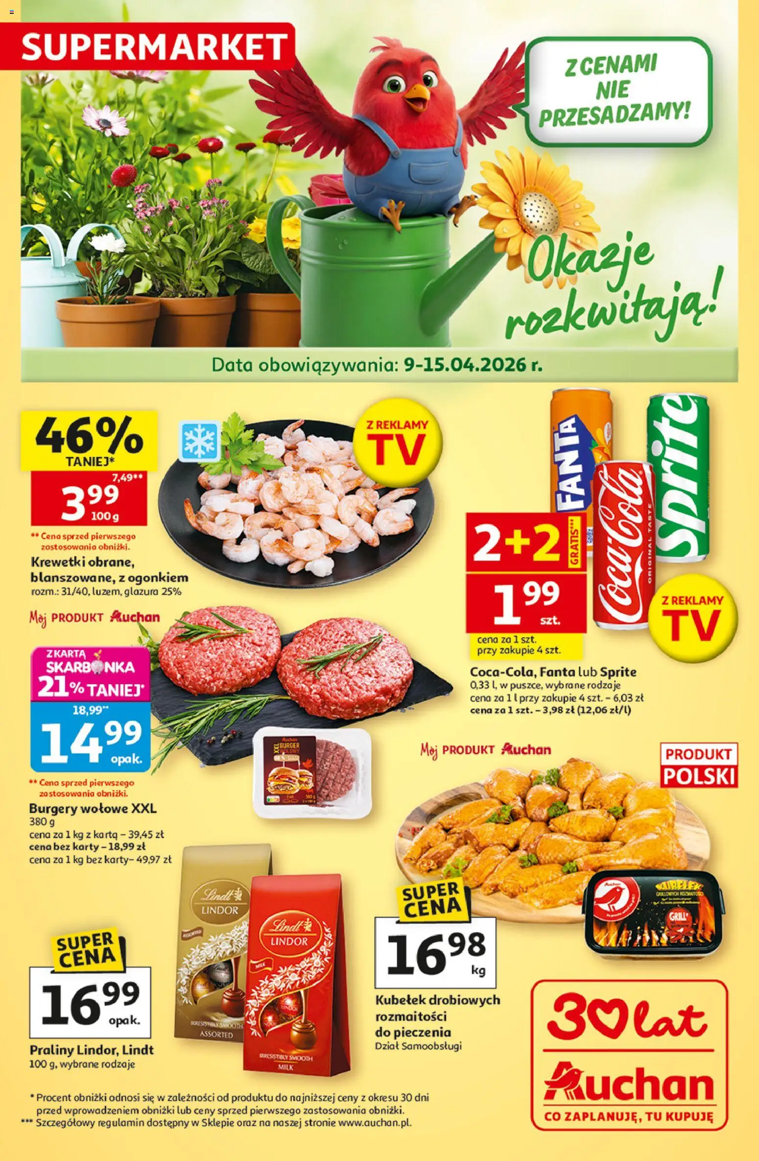 Auchan gazetka od 09.04.2026 | Strona: 1 | Produkty: Karta, Praliny, Sprite, Burgery wolowe