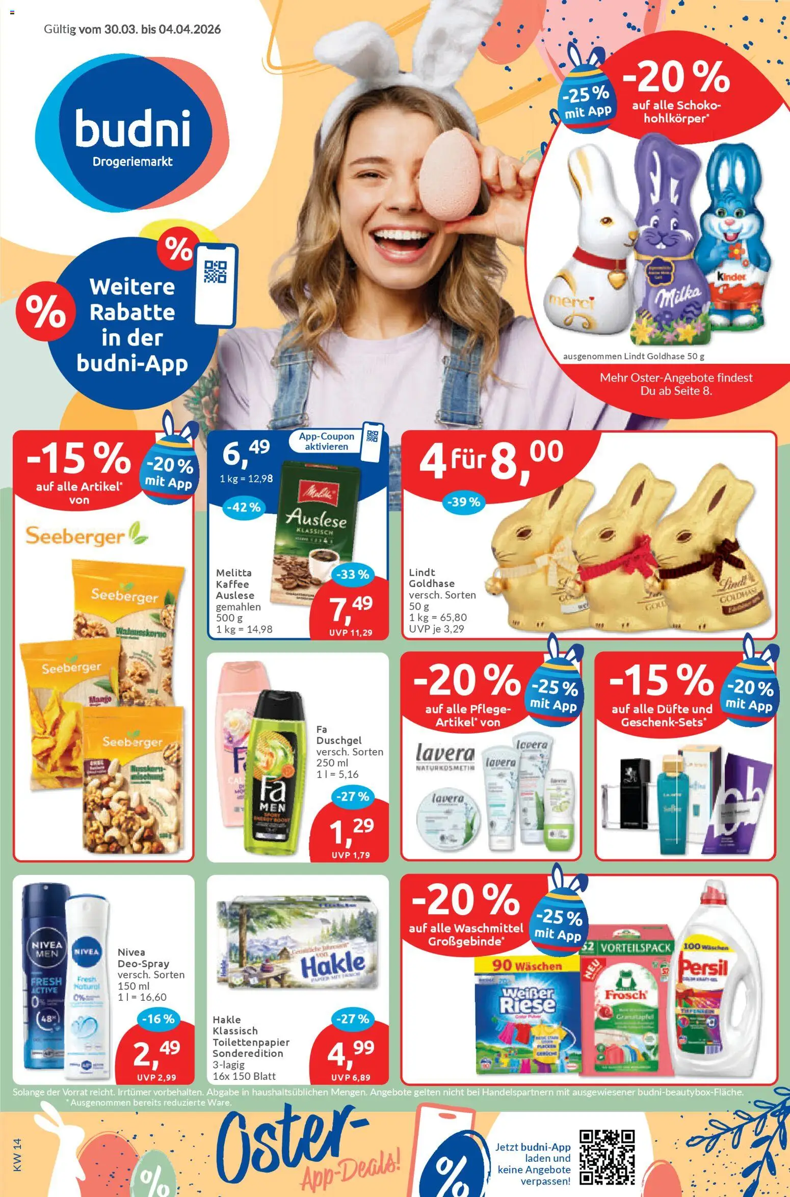 Budni Prospekt – gültig ab 30.03.2026 | Seite: 1 | Produkte: Kaffee, Milka, Waschmittel, Toilettenpapier