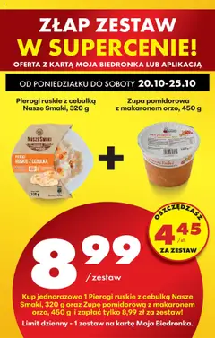 Pogląd oferty "Pierogi ruskie z cebulką Nasze Smaki, 320 g, Pierogi ruskie z cebulką, 320 g" - ważna od 20.10.2025 | Strona: 84 | Produkty: Karta, Pierogi, Zupa